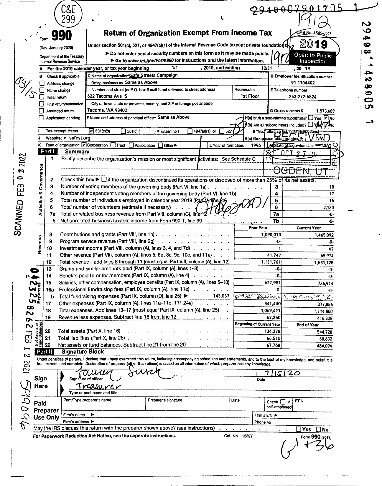 Image of first page of 2019 Form 990 for Safe Streets Campaign