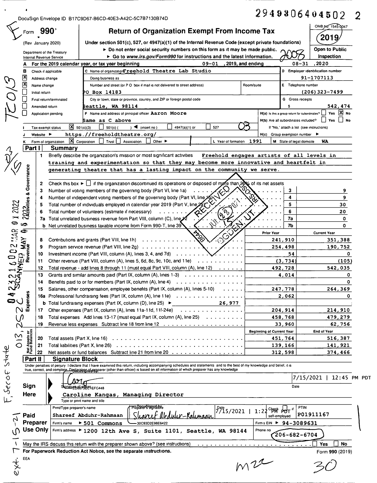 Image of first page of 2019 Form 990 for Freehold Theatre Lab Studio