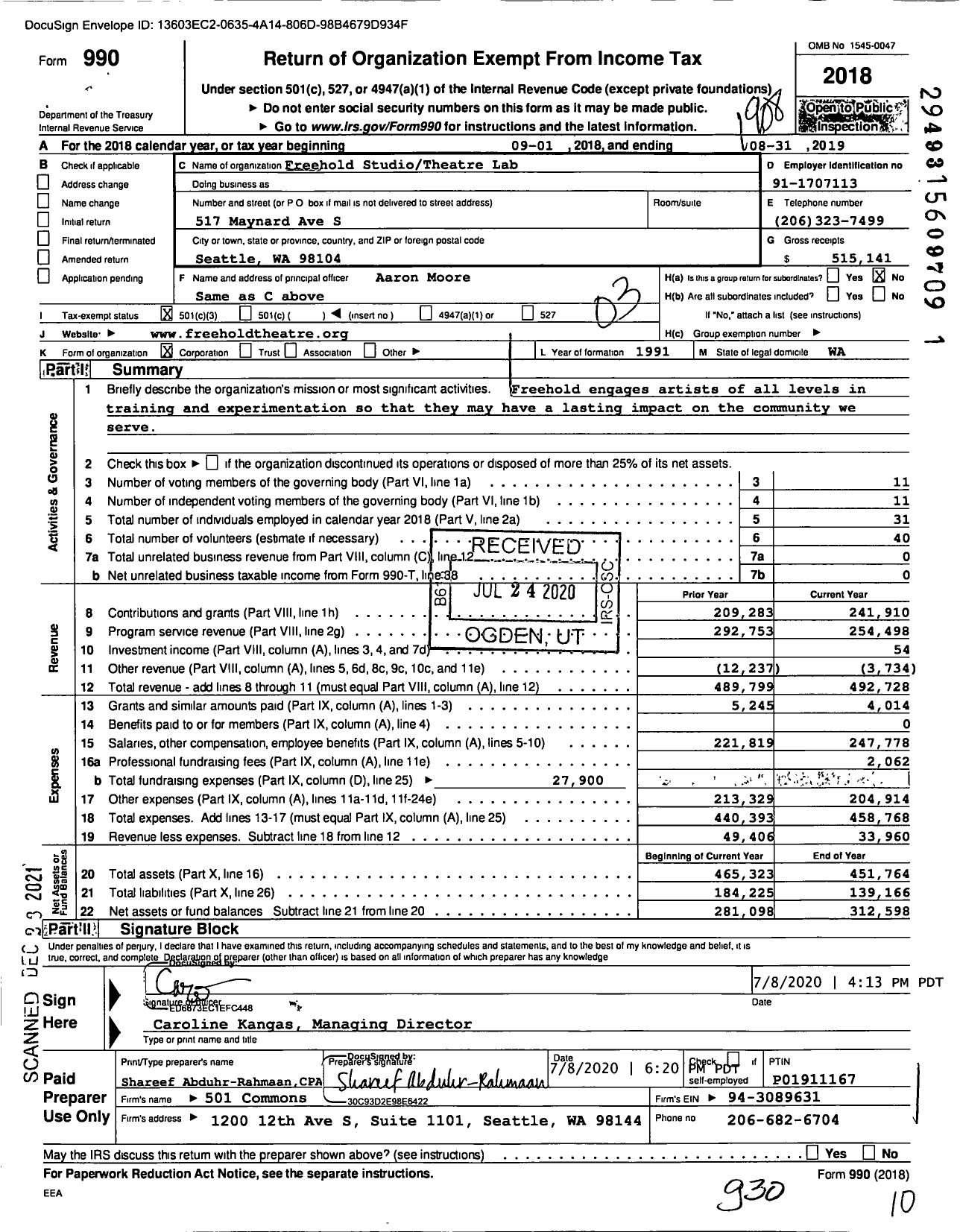 Image of first page of 2018 Form 990 for Freehold Theatre Lab Studio