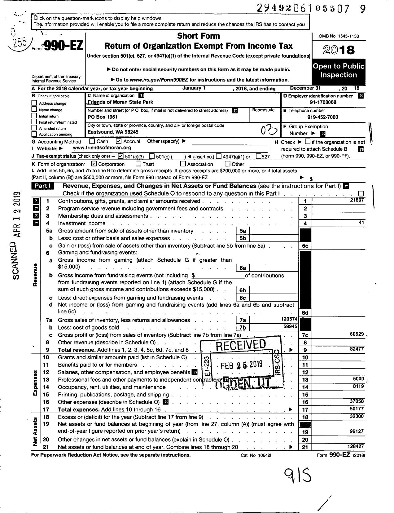 Image of first page of 2018 Form 990EZ for Friends of Moran State Park