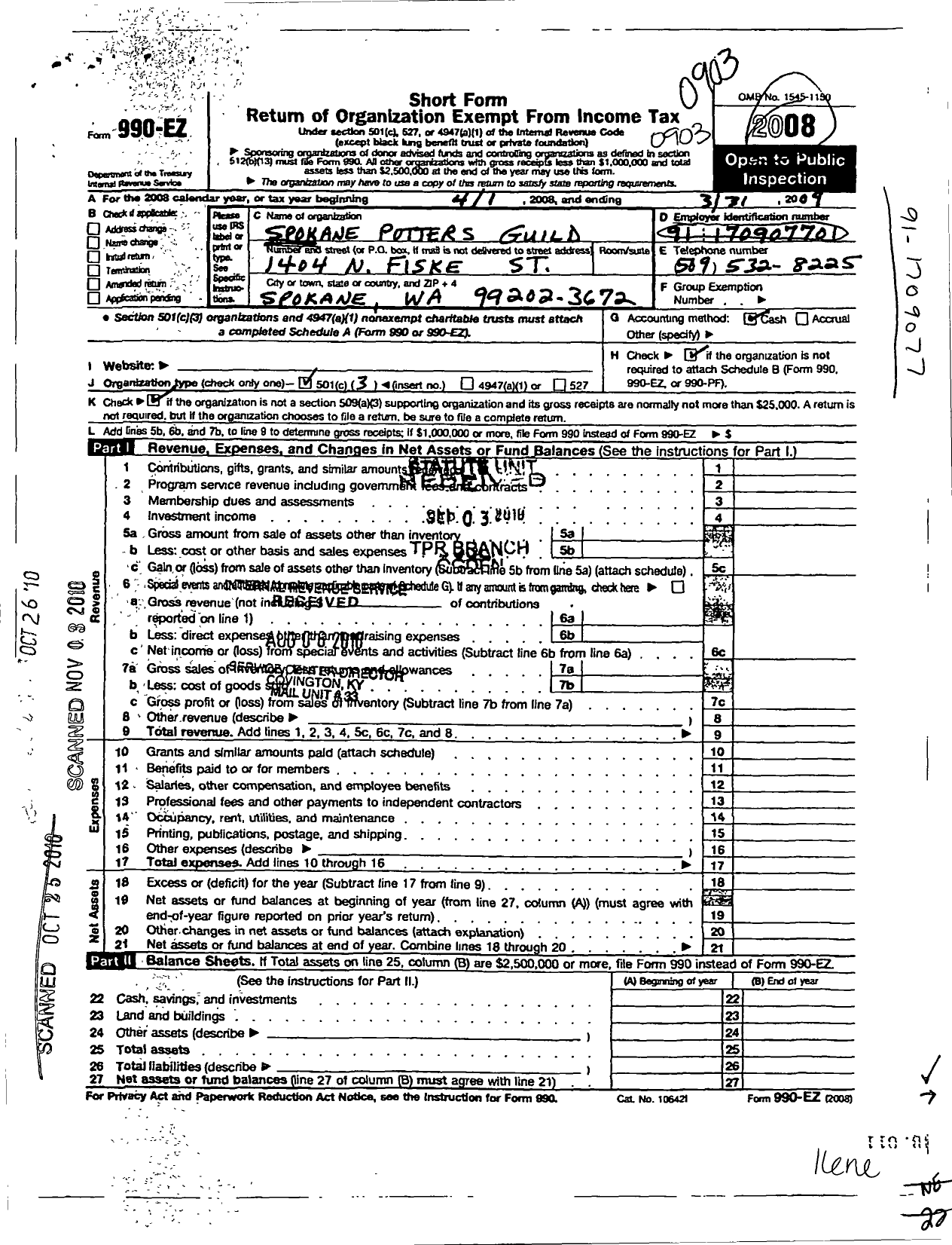 Image of first page of 2008 Form 990EZ for Spokane Potters Guild