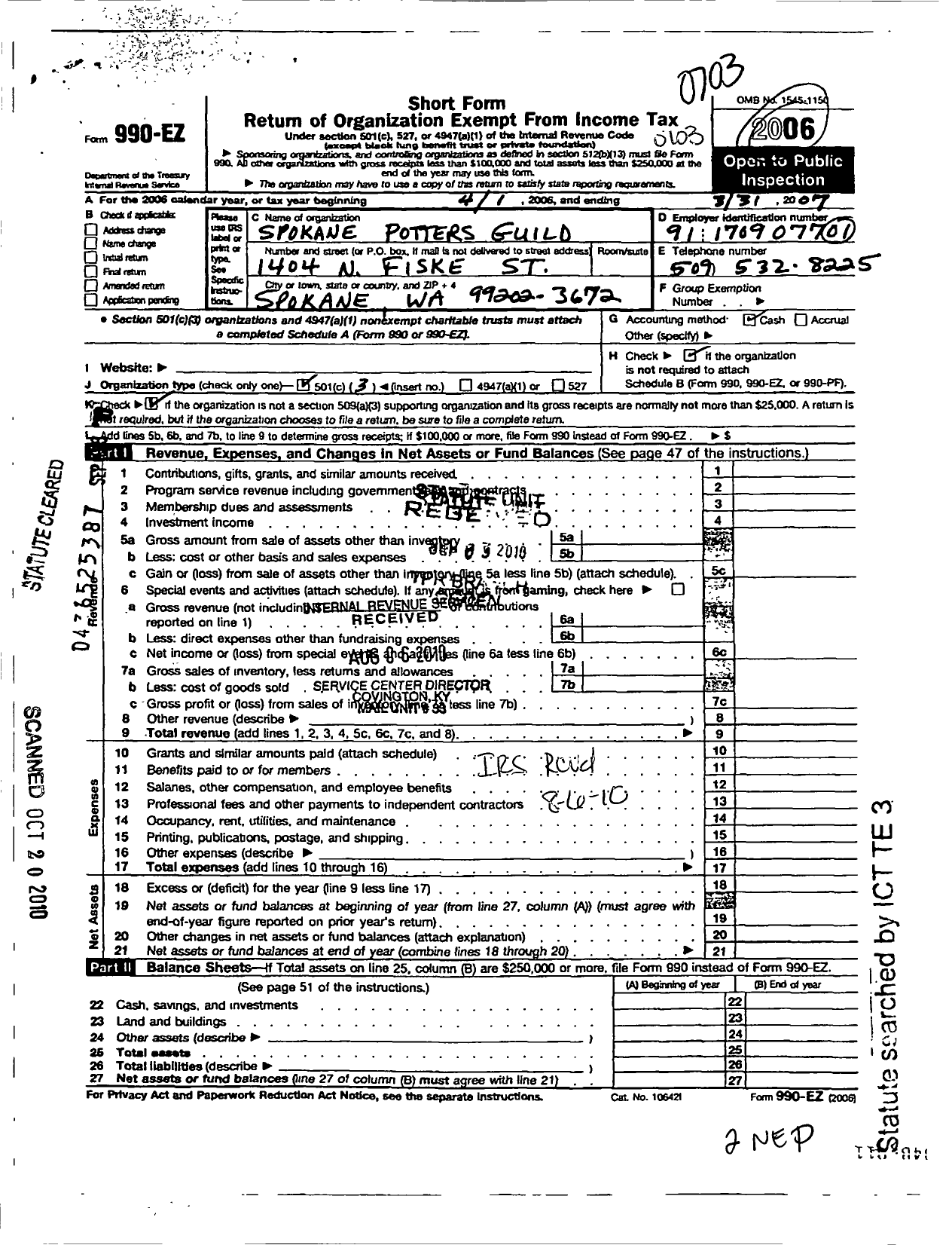 Image of first page of 2006 Form 990EZ for Spokane Potters Guild