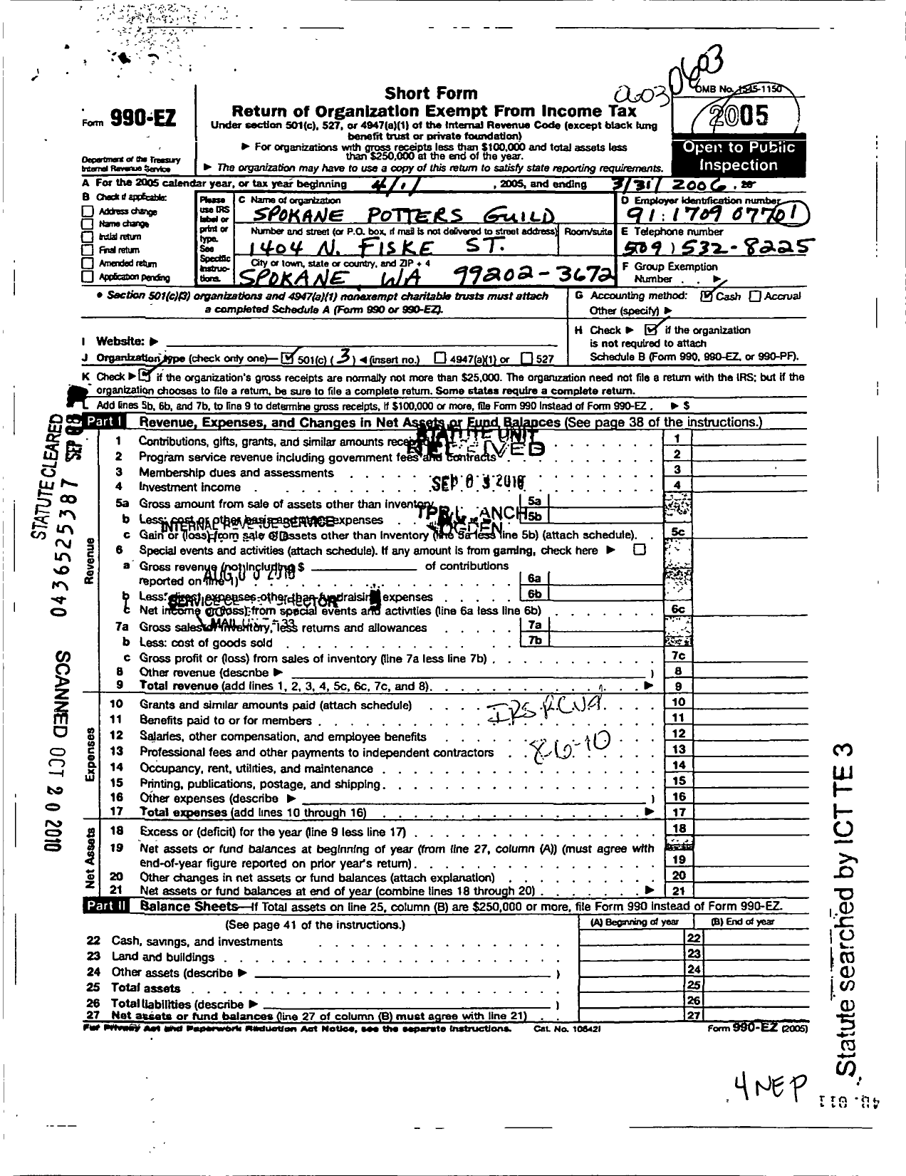 Image of first page of 2005 Form 990EZ for Spokane Potters Guild