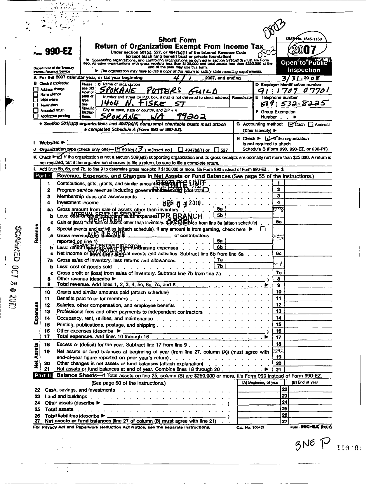 Image of first page of 2007 Form 990EZ for Spokane Potters Guild