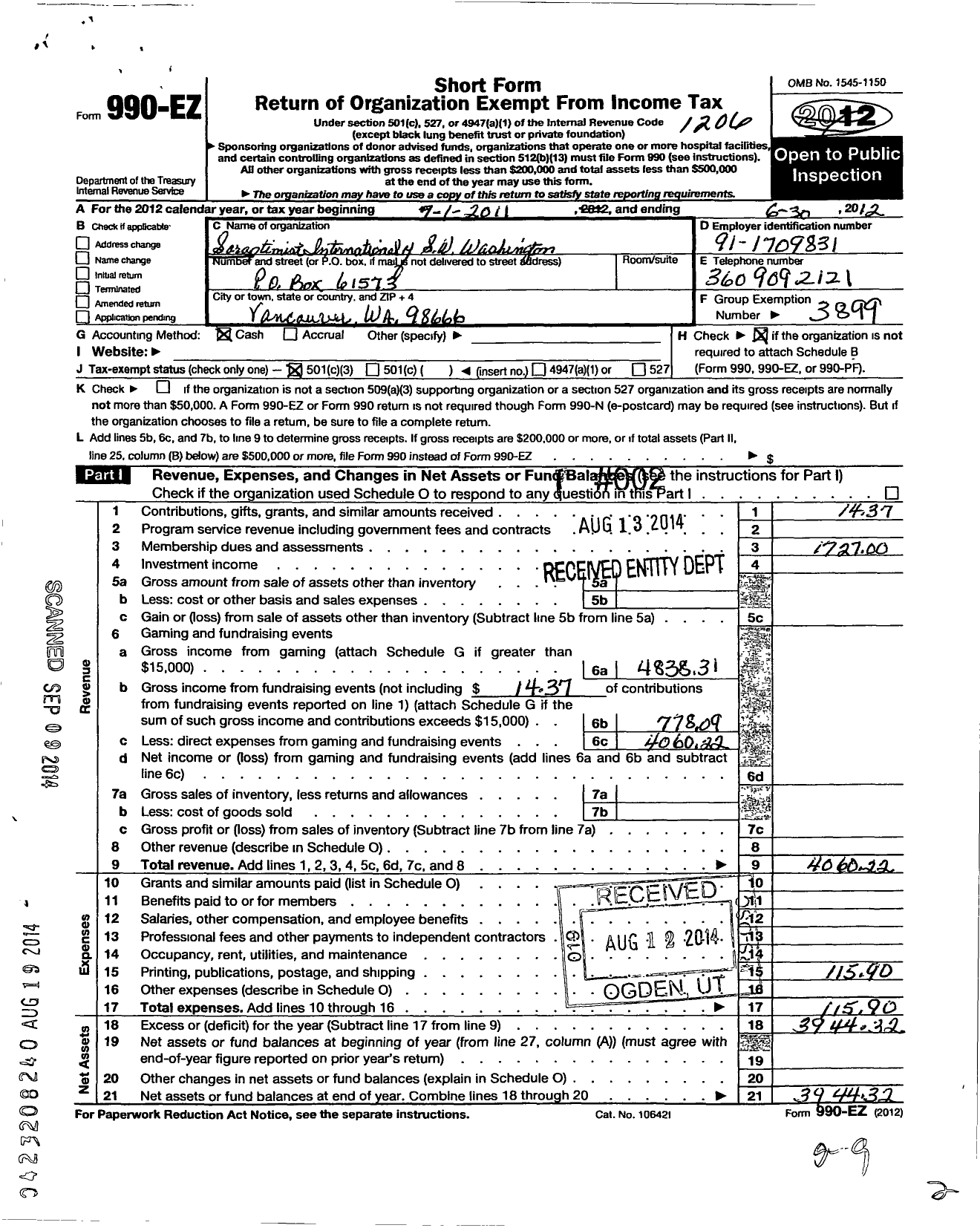 Image of first page of 2011 Form 990EZ for Soroptimist International of the Americas - 111231 Southwest Washington Wa