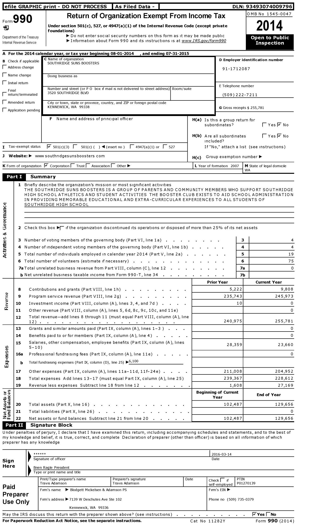 Image of first page of 2014 Form 990 for Southridge Suns Boosters