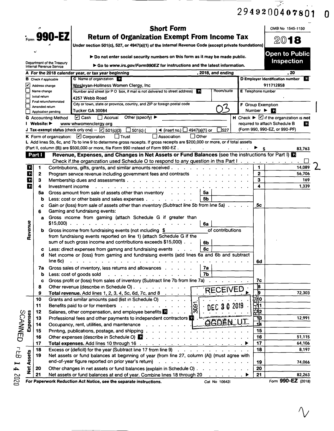 Image of first page of 2018 Form 990EZ for Wesleyan-Holiness Women Clergy