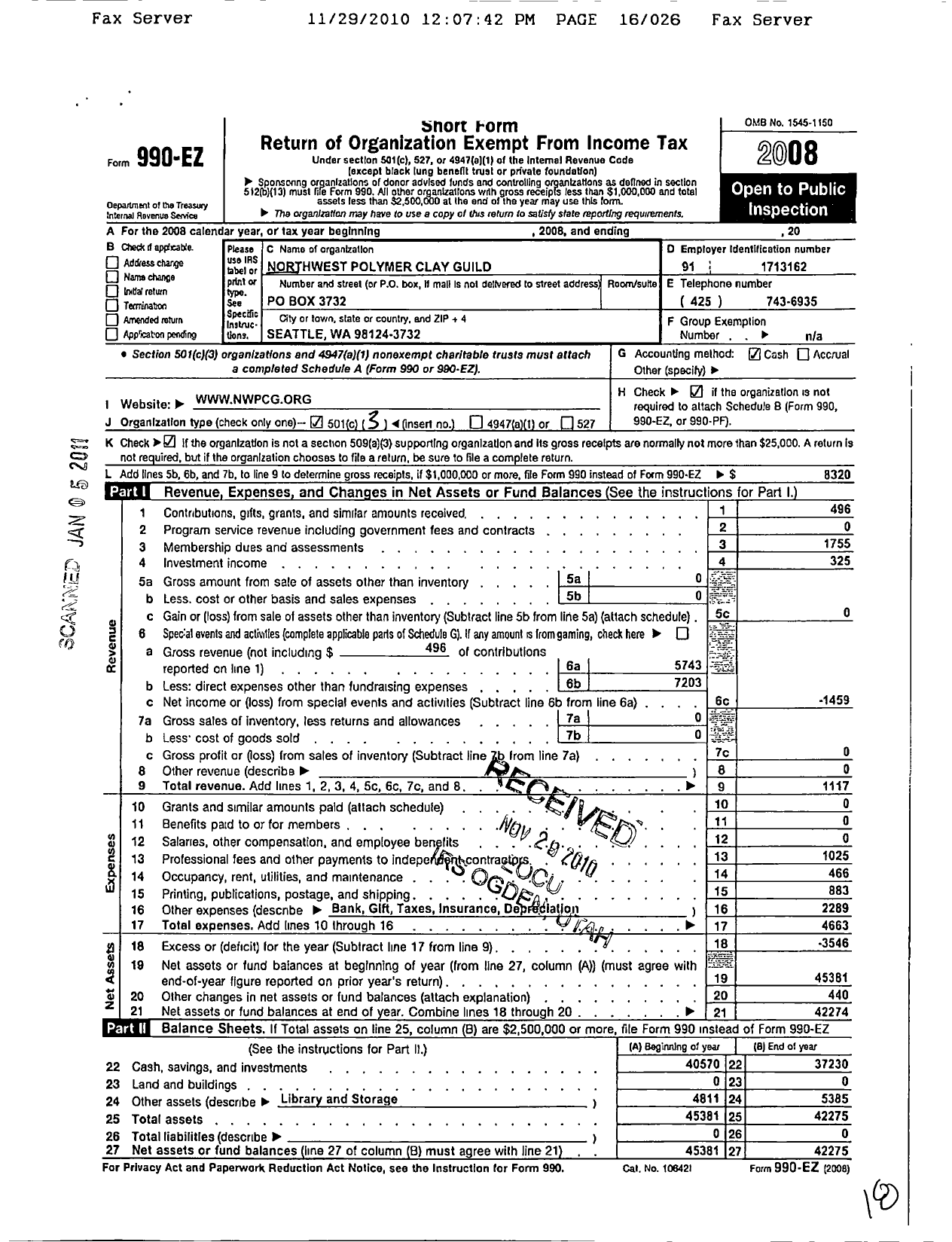 Image of first page of 2008 Form 990EZ for Northwest Polymer Clay Guild