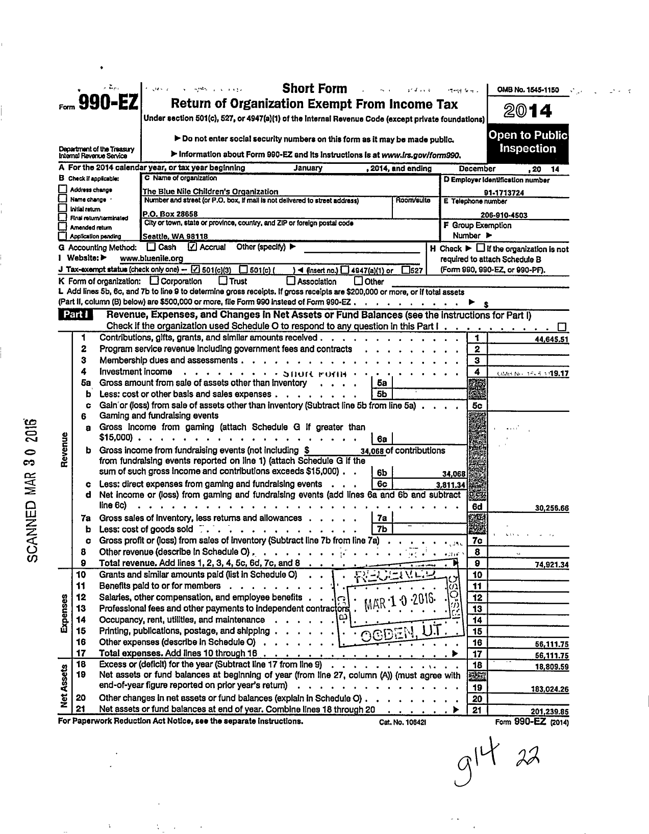 Image of first page of 2014 Form 990EZ for Blue Nile Childrens Organization