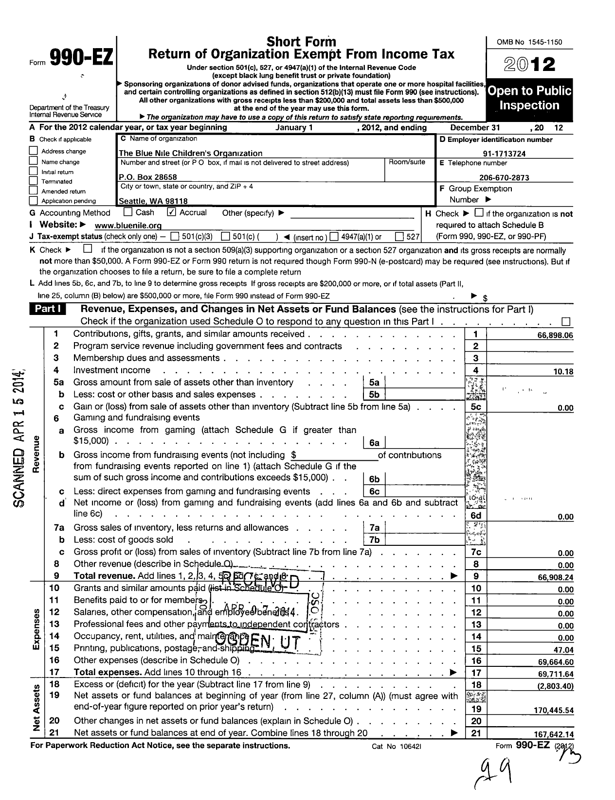 Image of first page of 2012 Form 990EO for Blue Nile Childrens Organization