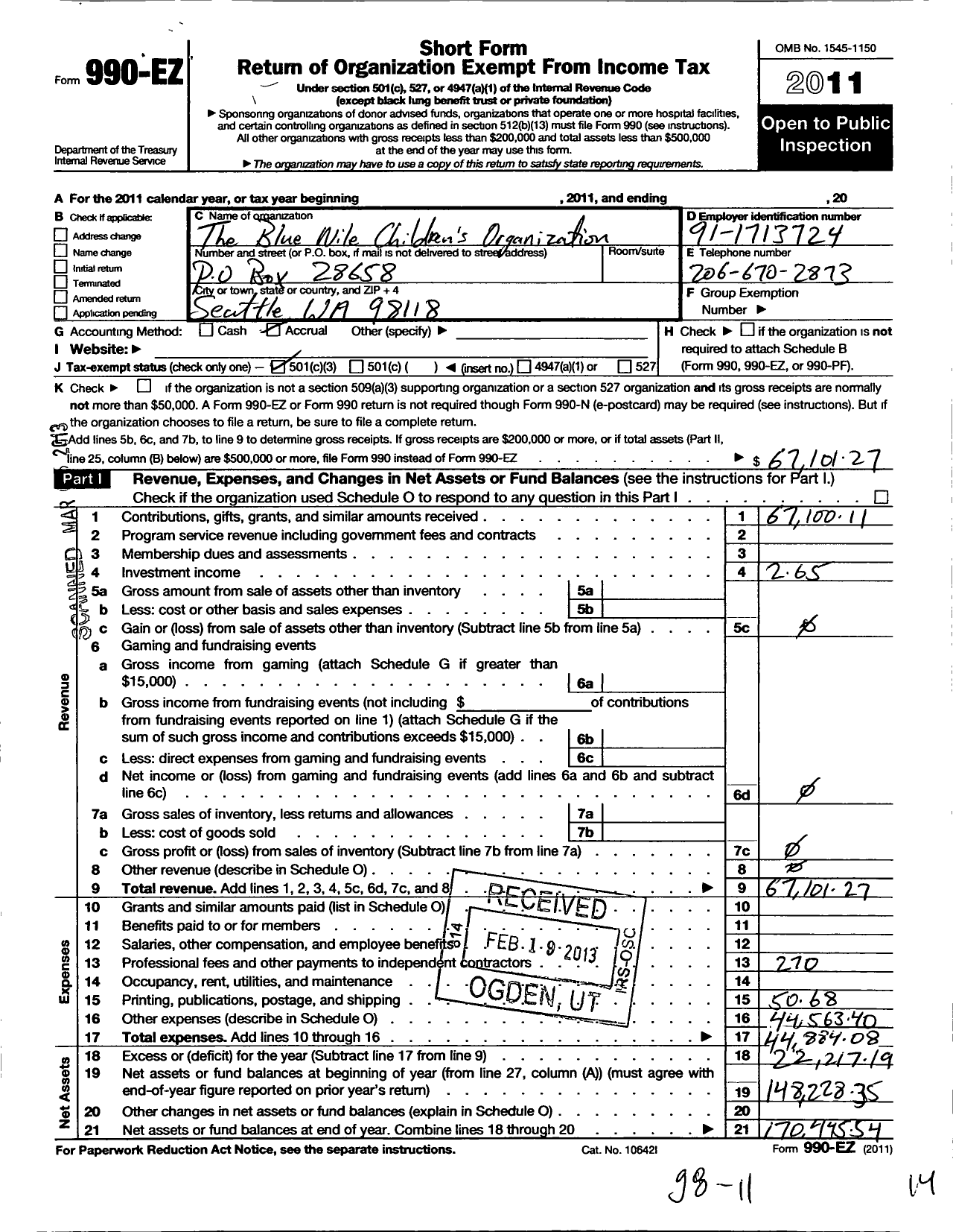 Image of first page of 2011 Form 990EZ for Blue Nile Childrens Organization