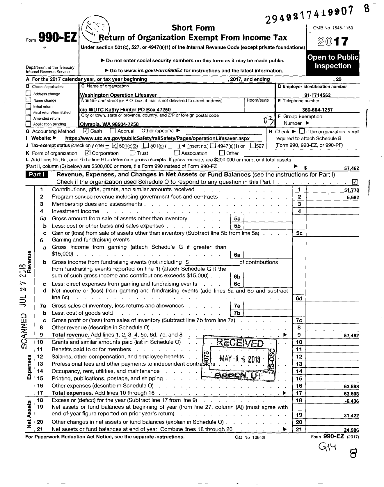 Image of first page of 2017 Form 990EZ for Washington Operation Lifesaver