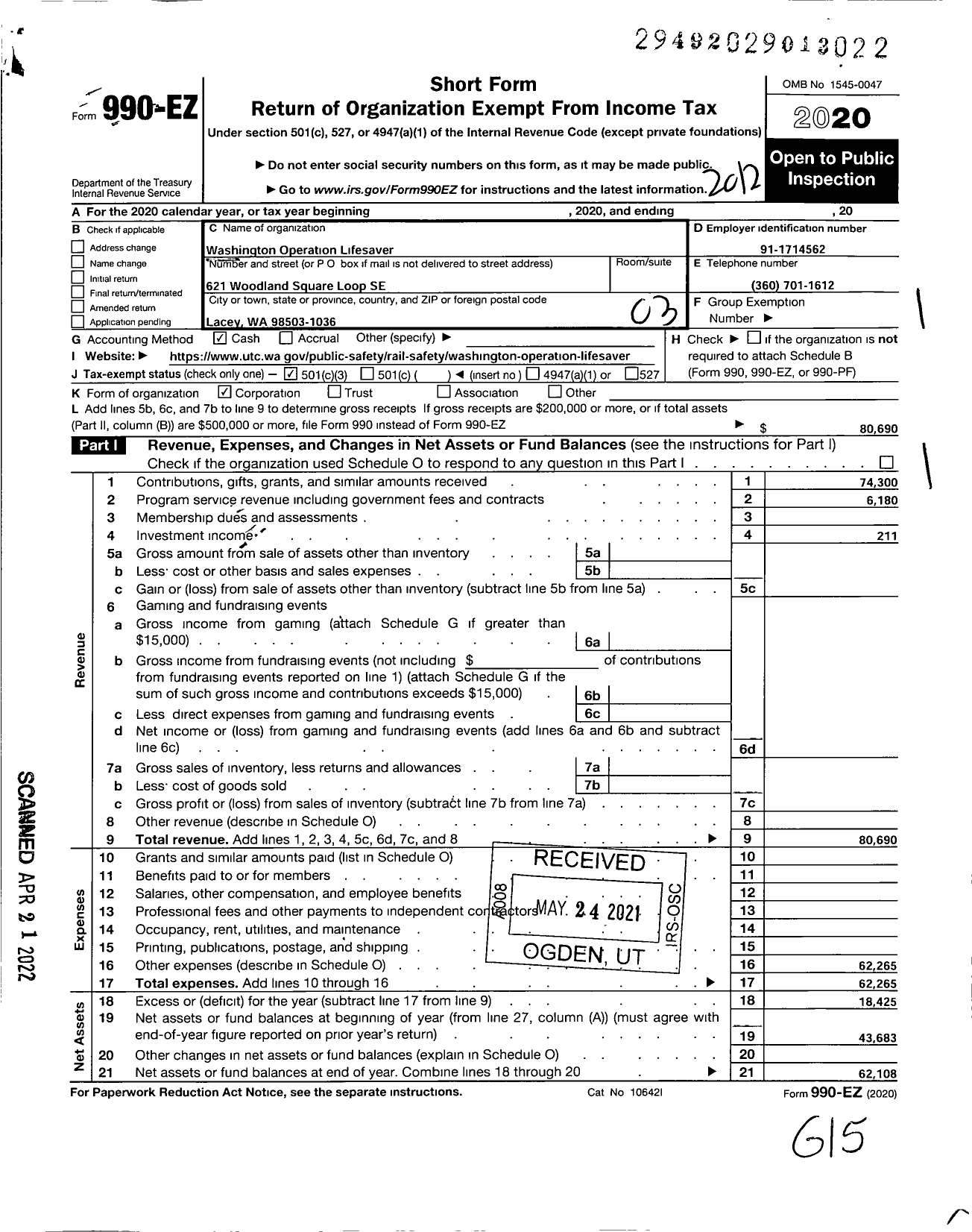 Image of first page of 2020 Form 990EZ for Washington Operation Lifesaver