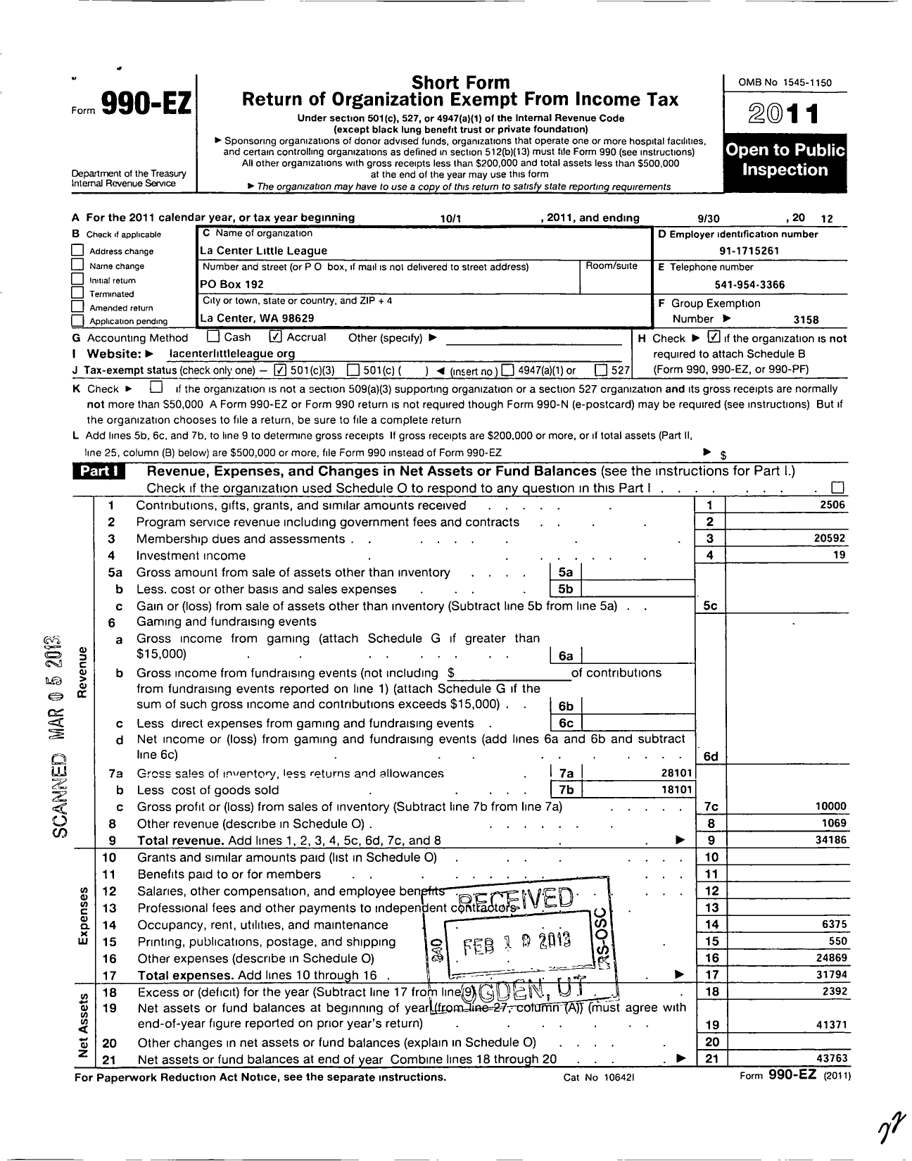 Image of first page of 2011 Form 990EZ for Little League Baseball - 4470402 La Center LL