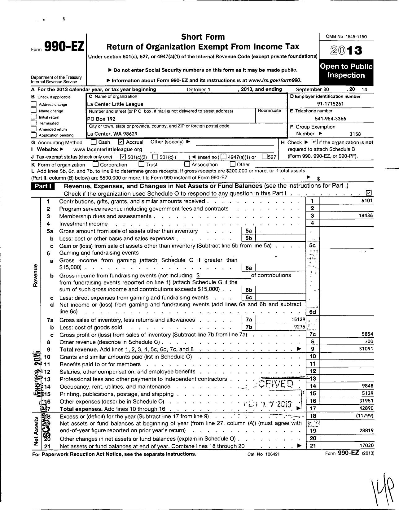 Image of first page of 2013 Form 990EZ for Little League Baseball - 4470402 La Center LL