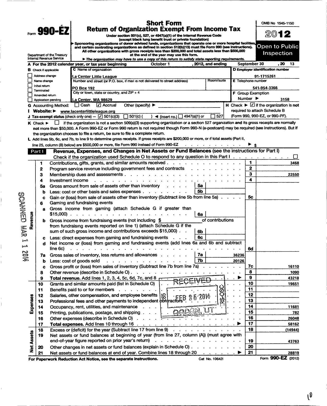 Image of first page of 2012 Form 990EZ for Little League Baseball - 4470402 La Center LL