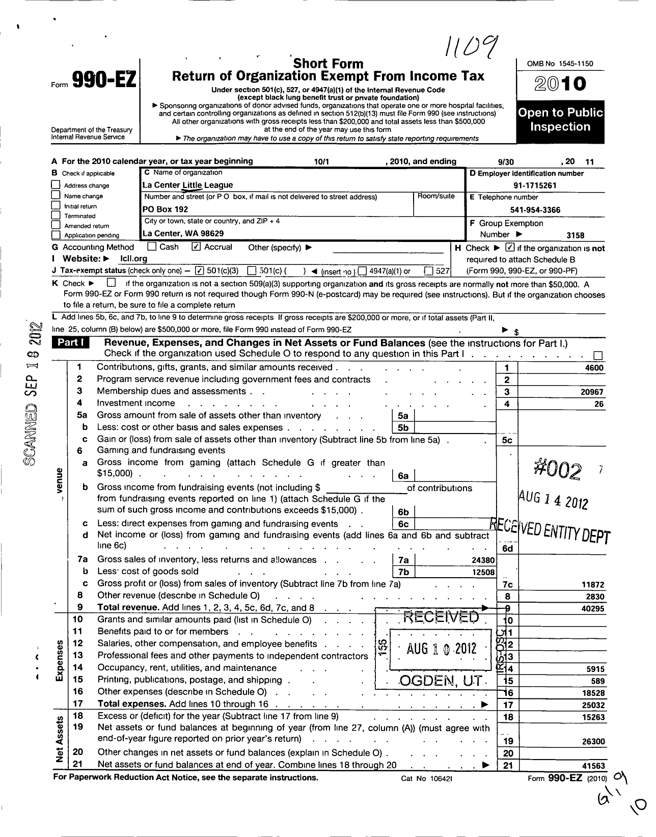 Image of first page of 2010 Form 990EZ for Little League Baseball - 4470402 La Center LL