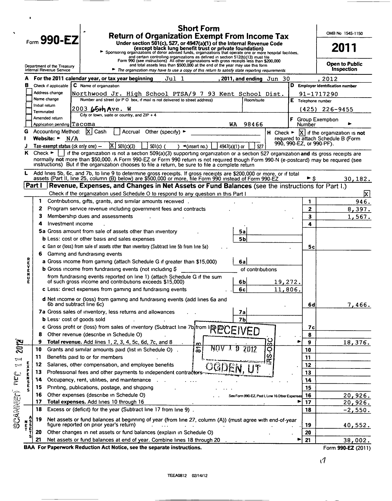 Image of first page of 2011 Form 990EZ for Northwood Ptsa 9793