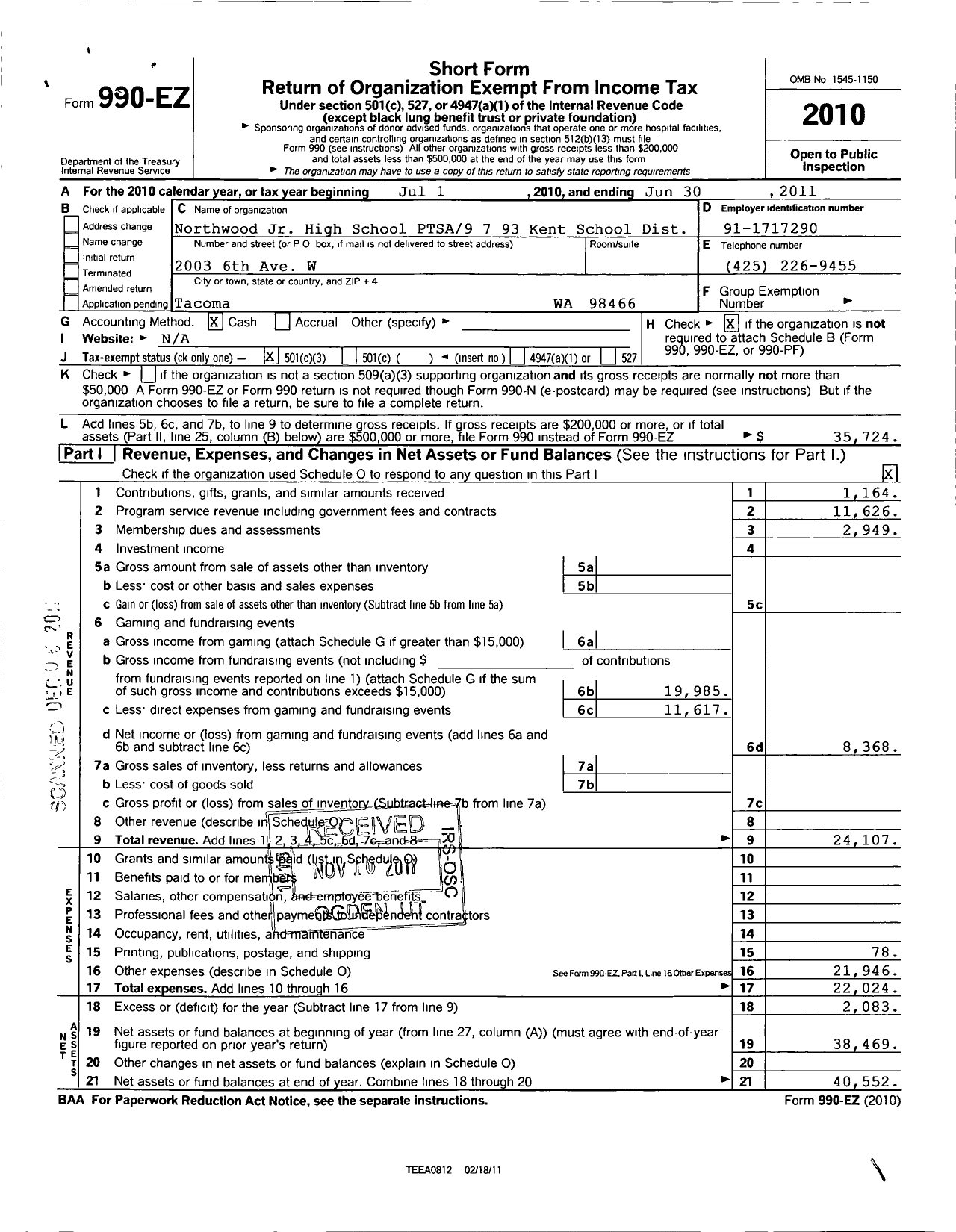 Image of first page of 2010 Form 990EZ for Northwood Ptsa 9793