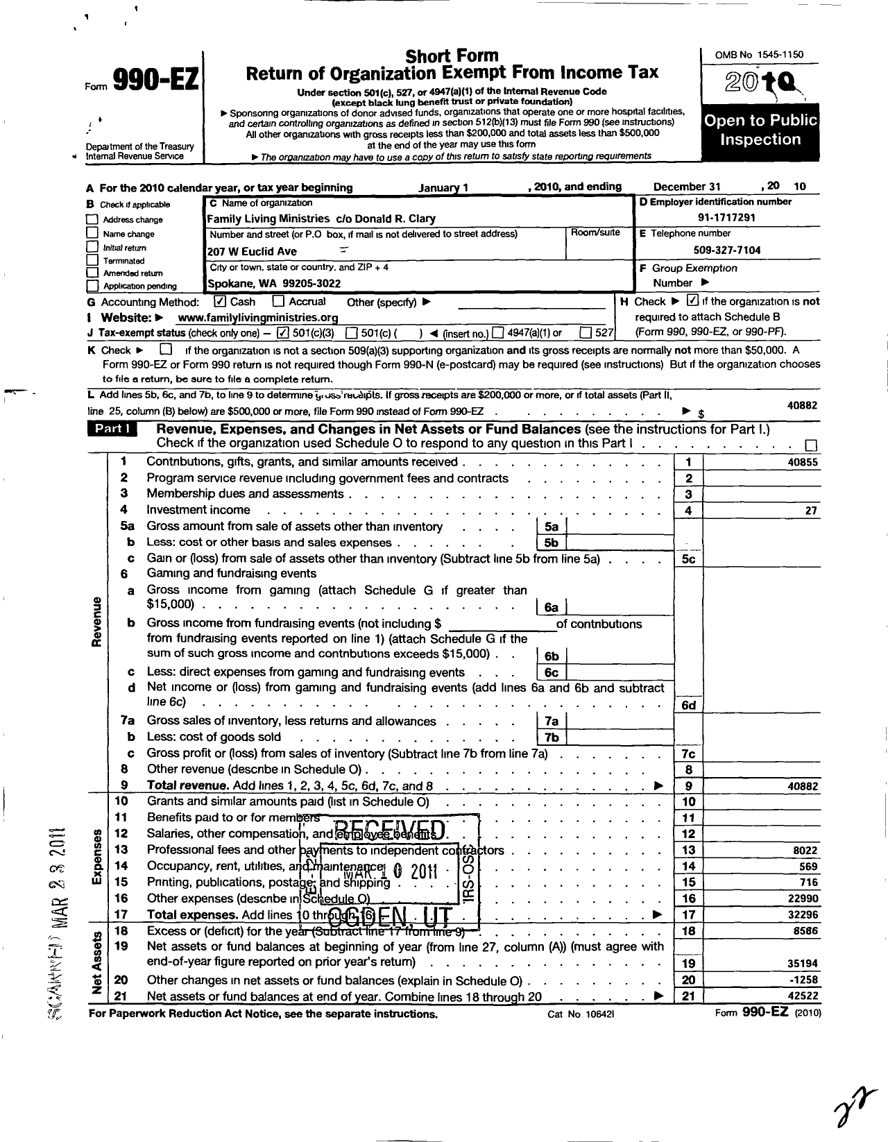 Image of first page of 2010 Form 990EZ for Family Living Ministries