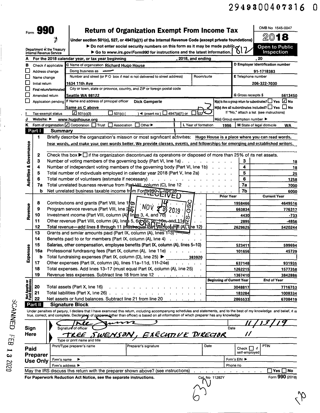 Image of first page of 2018 Form 990 for Richard Hugo House