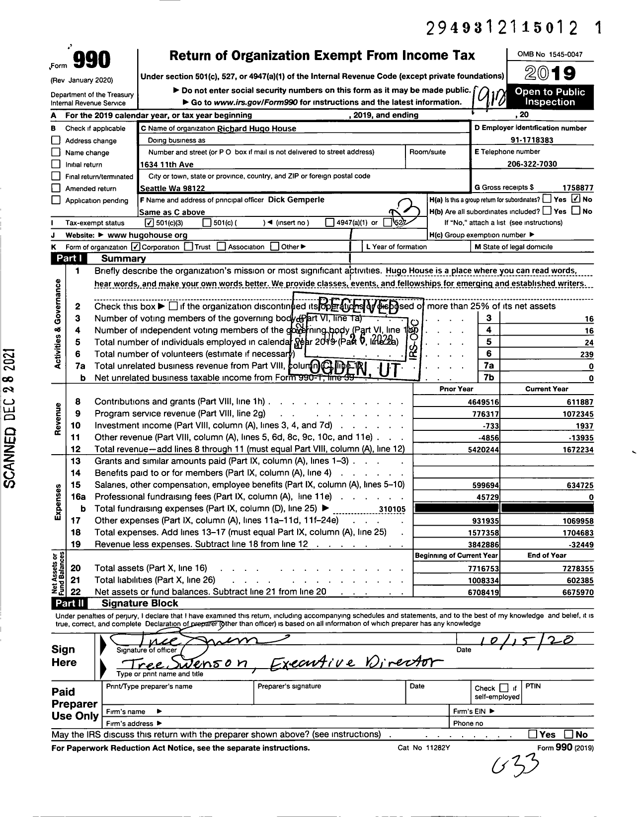 Image of first page of 2019 Form 990 for Richard Hugo House