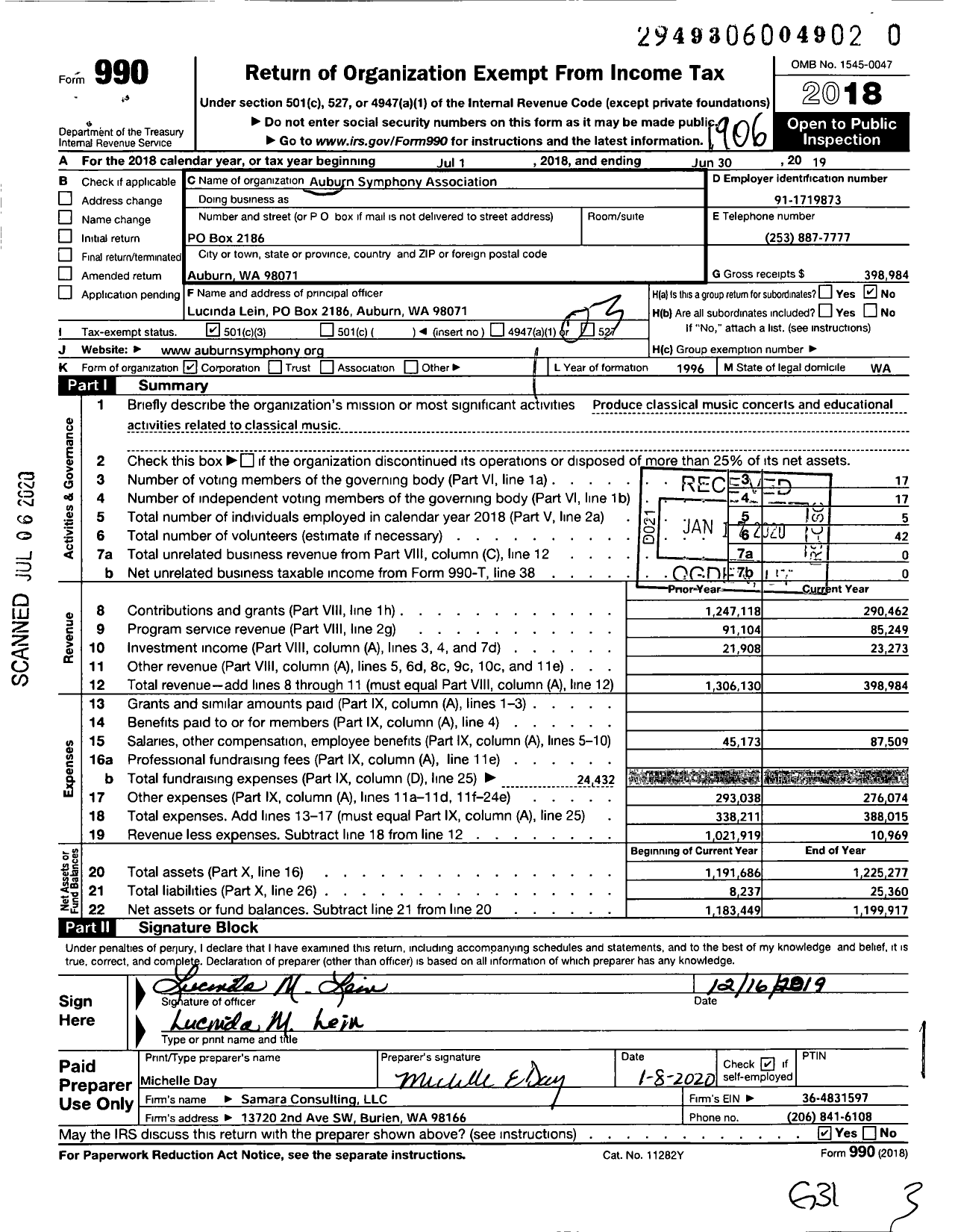 Image of first page of 2018 Form 990 for Auburn Symphony Association