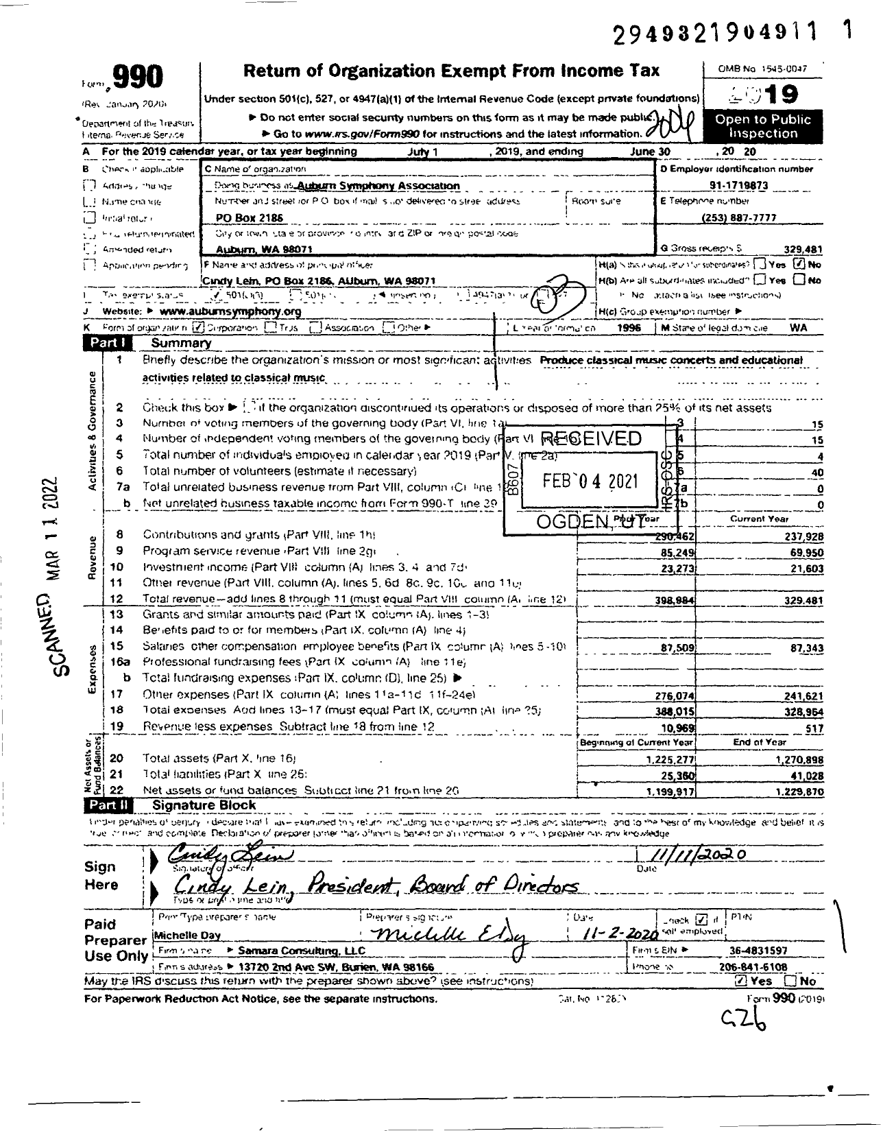 Image of first page of 2019 Form 990 for Auburn Symphony Association