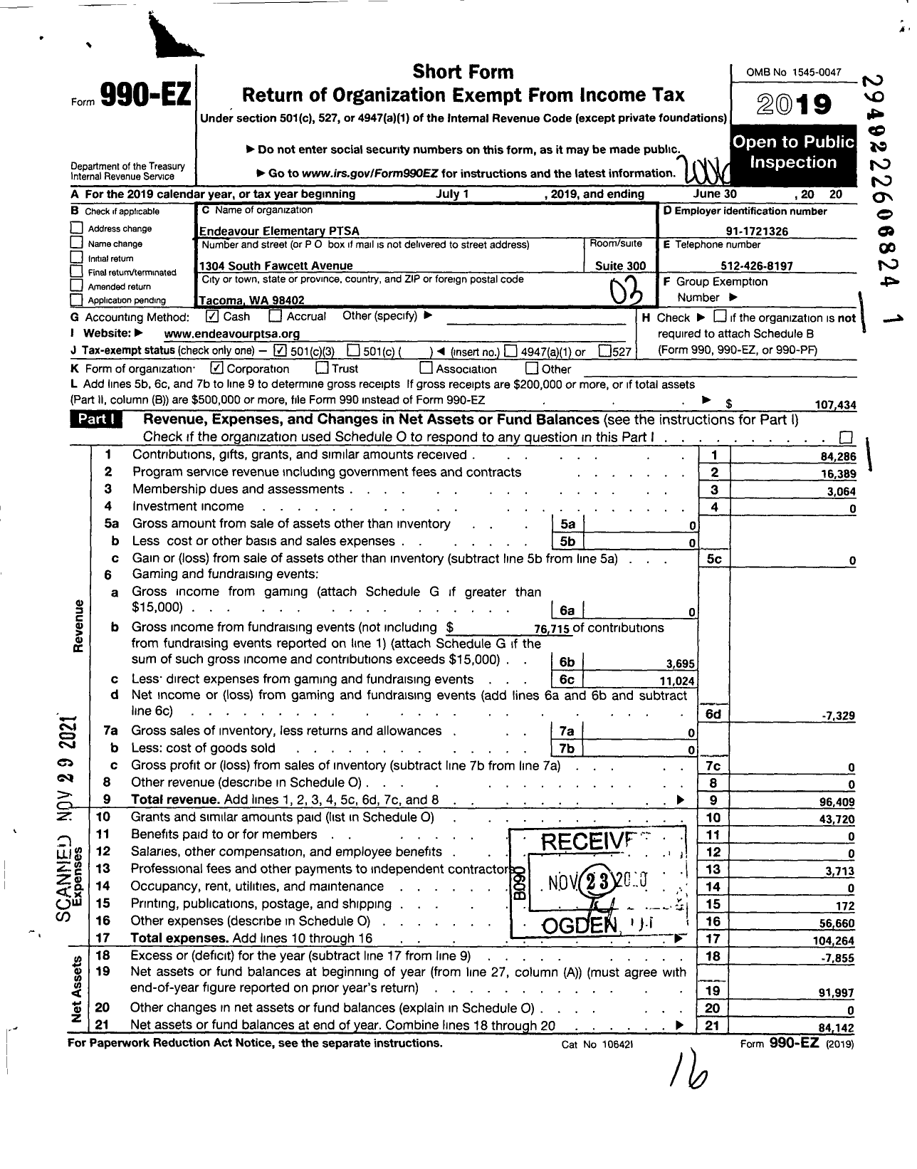 Image of first page of 2019 Form 990EZ for Endeavour Elementary Ptsa