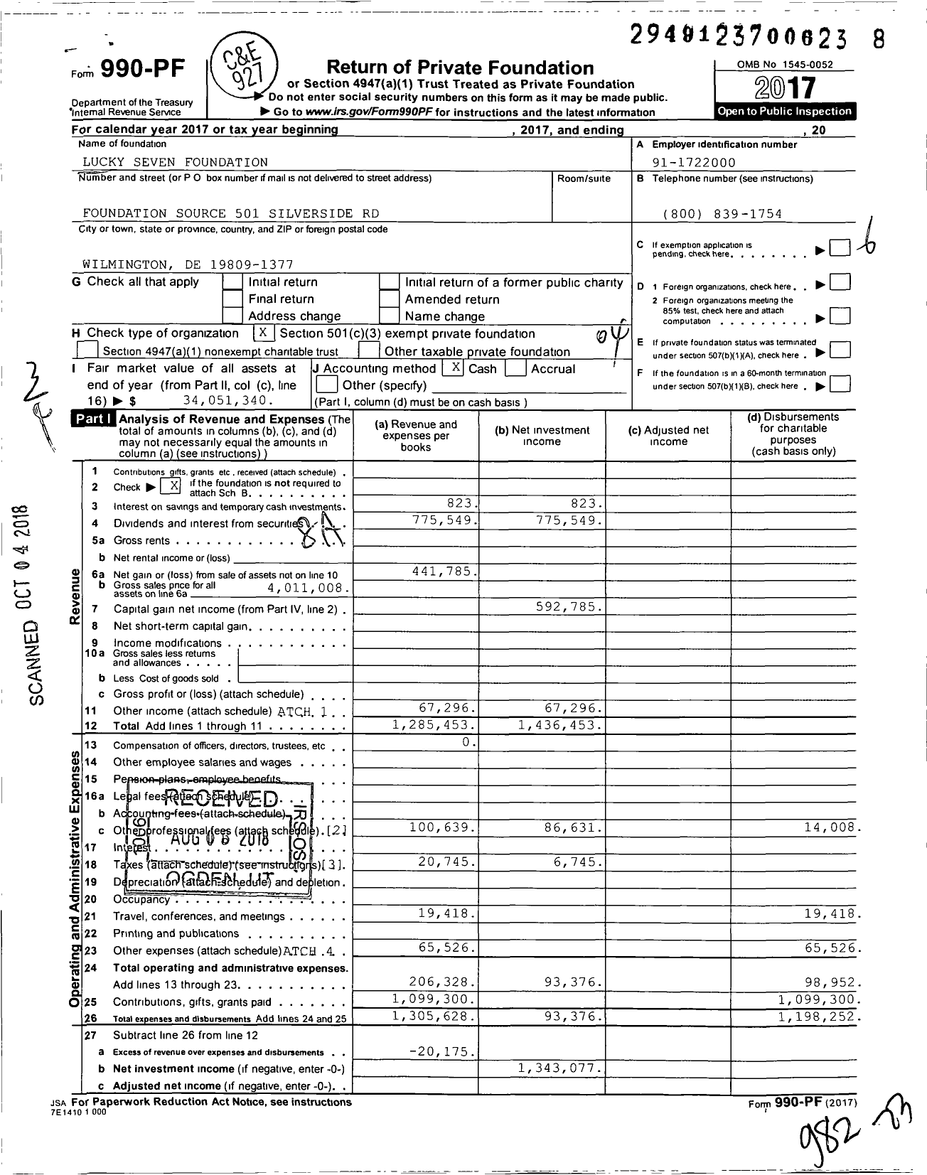 Image of first page of 2017 Form 990PF for Lucky Seven Foundation