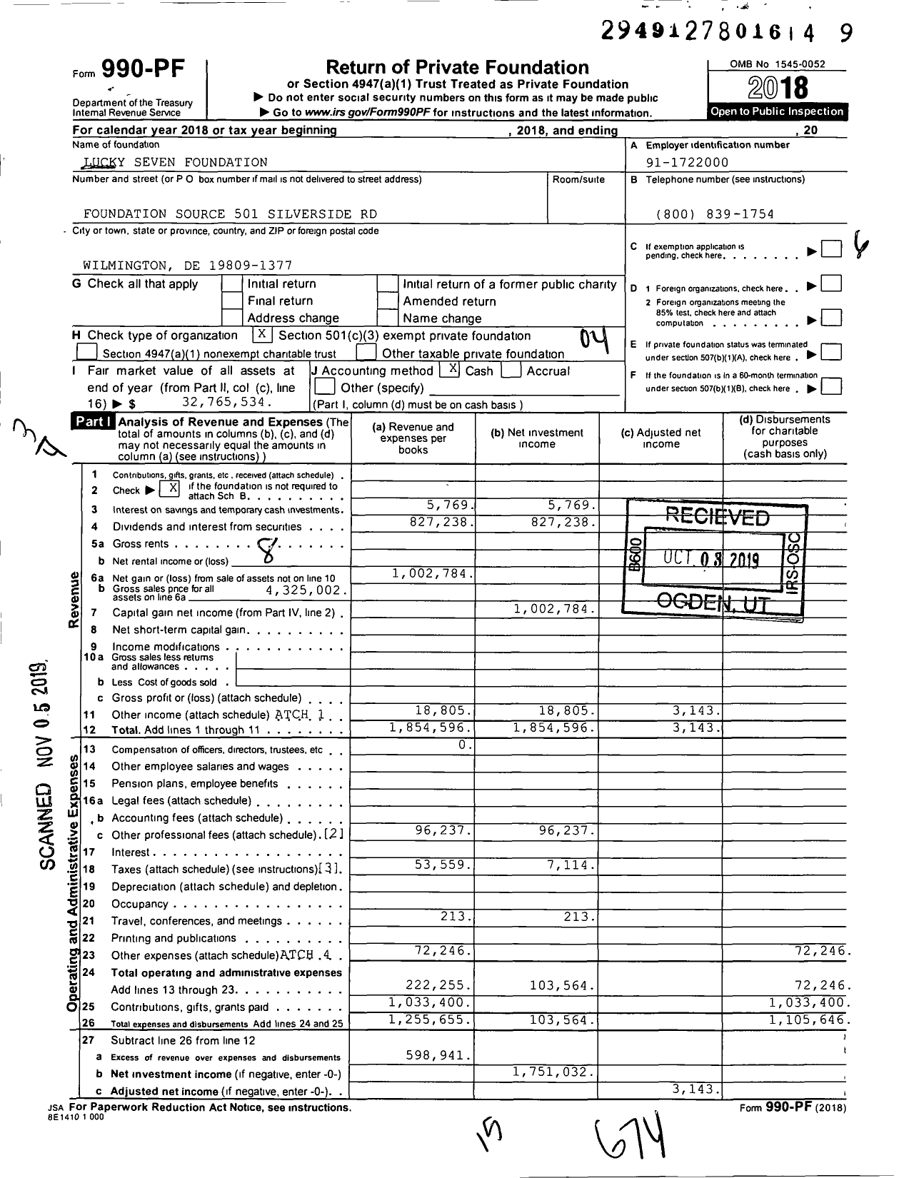 Image of first page of 2018 Form 990PF for Lucky Seven Foundation