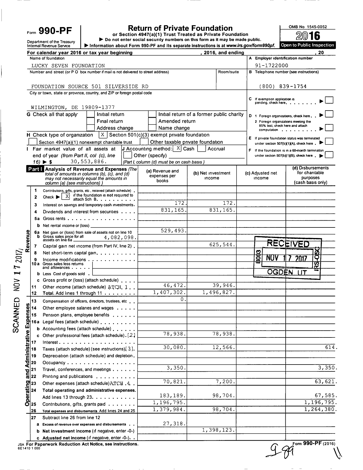 Image of first page of 2016 Form 990PF for Lucky Seven Foundation