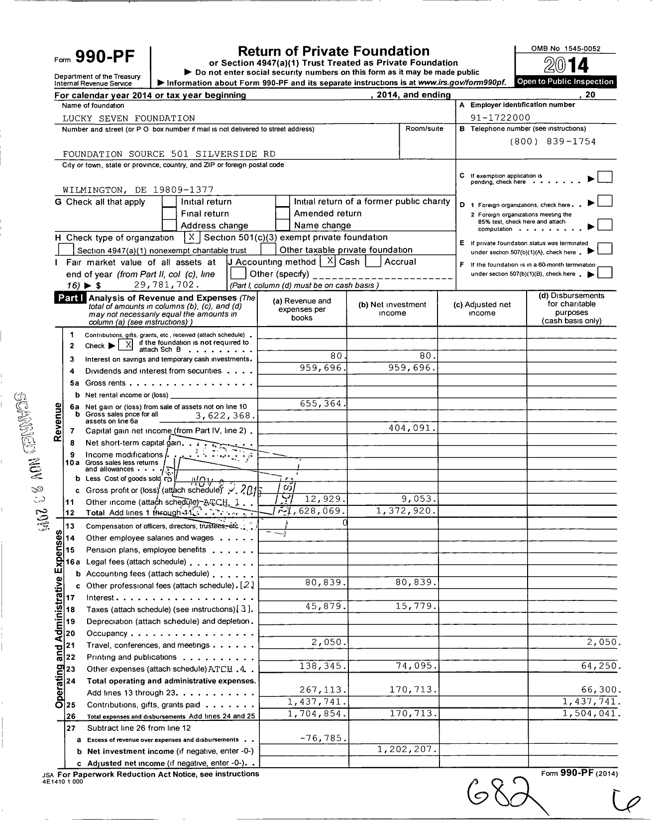 Image of first page of 2014 Form 990PF for Lucky Seven Foundation