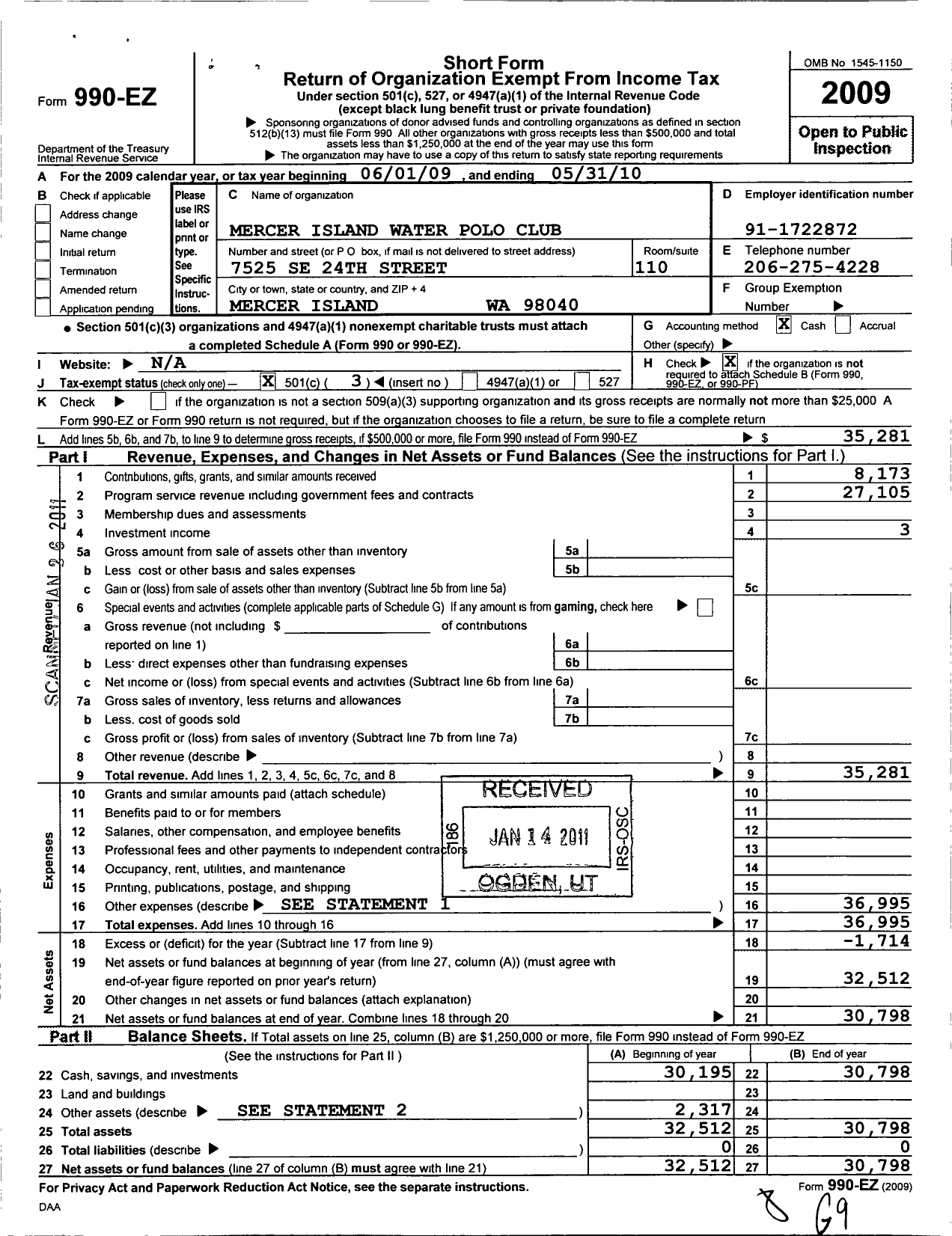 Image of first page of 2009 Form 990EZ for Mercer Island Water Polo Club