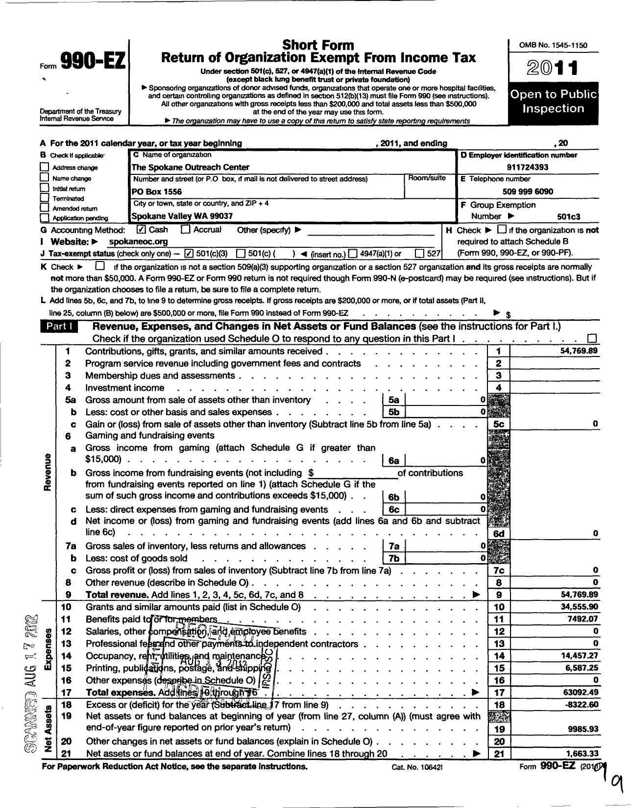 Image of first page of 2011 Form 990EZ for Spokane Outreach Center