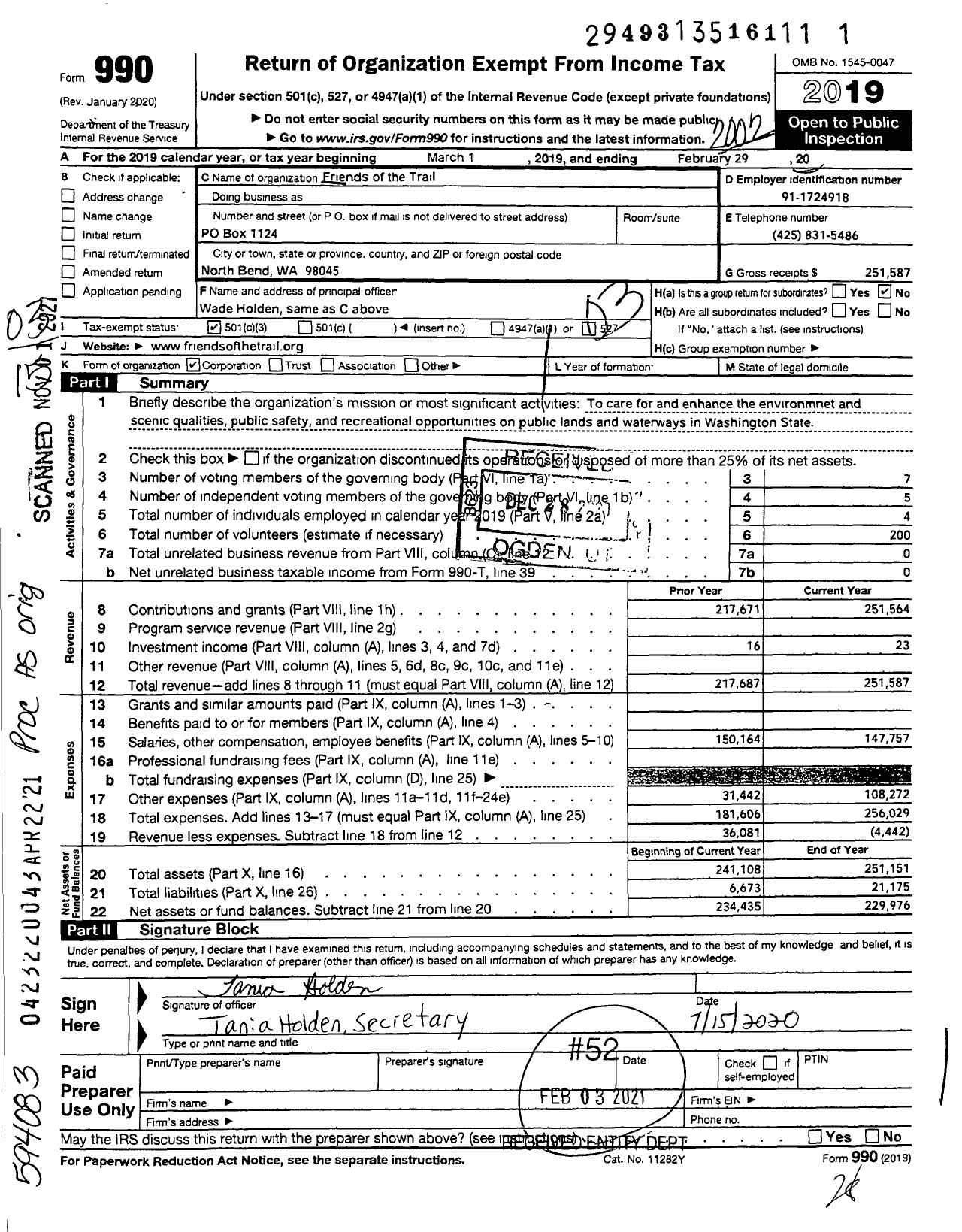 Image of first page of 2019 Form 990 for Friends of the Trail