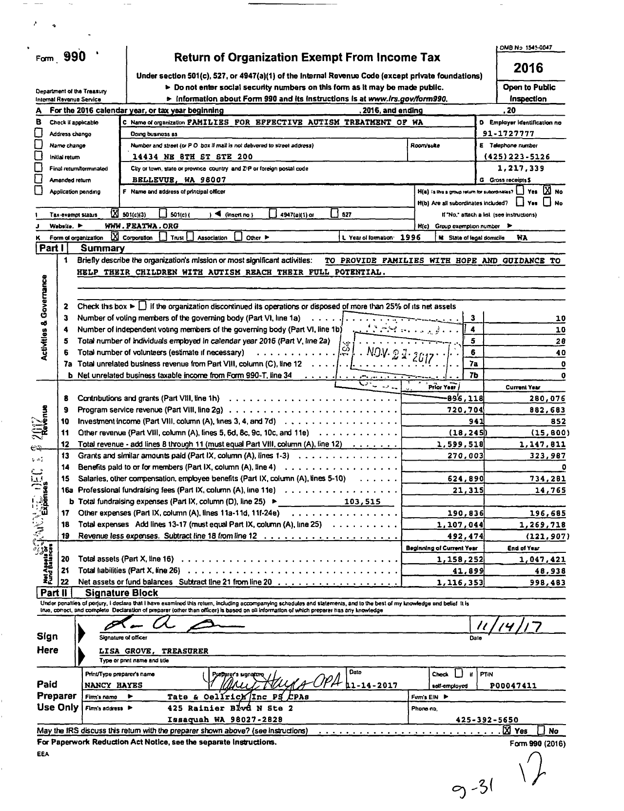 Image of first page of 2016 Form 990 for Families for Effective Autism Treatment of WA