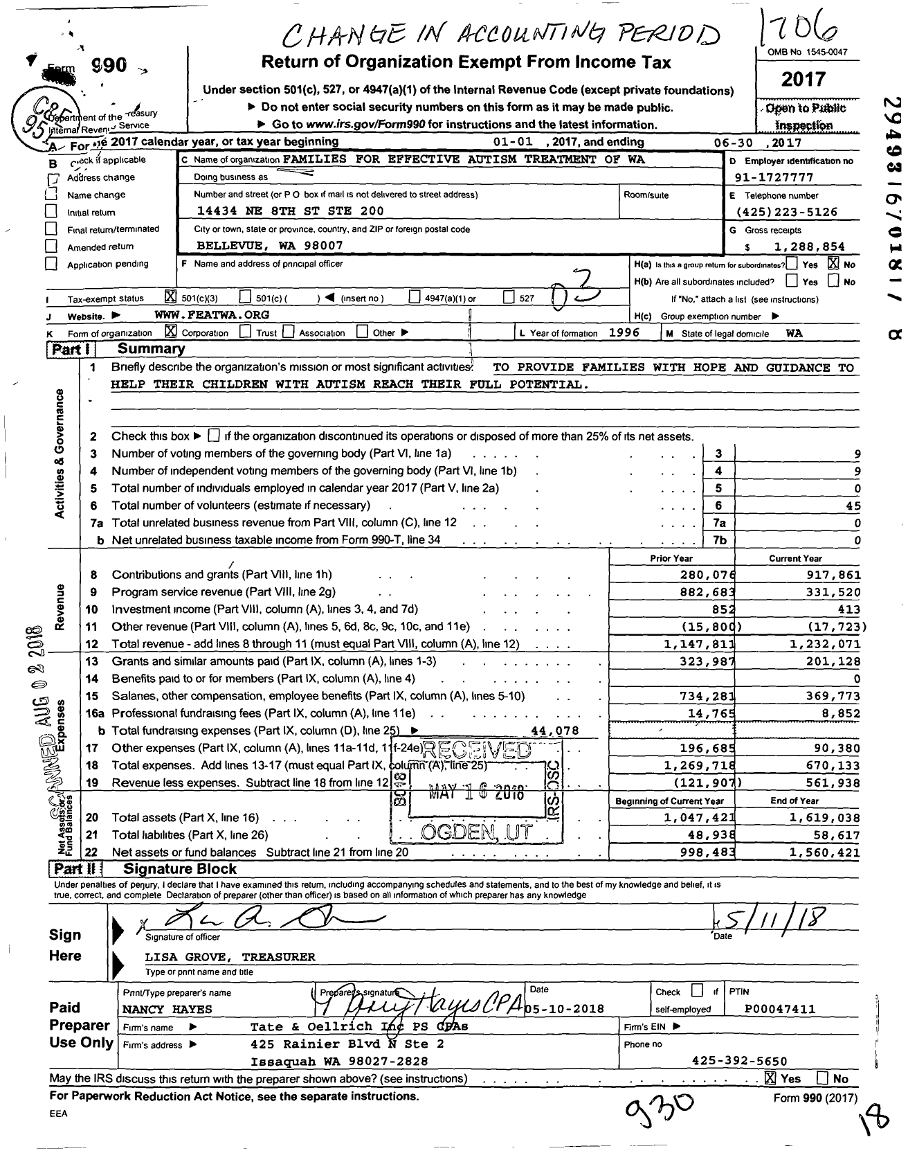 Image of first page of 2016 Form 990 for Families for Effective Autism Treatment of WA