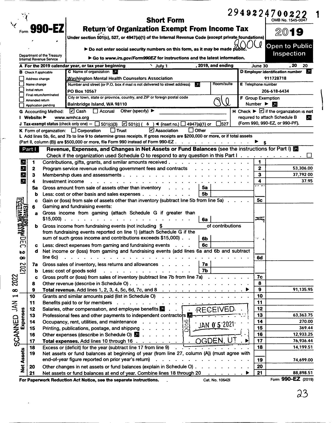 Image of first page of 2019 Form 990EO for Washington Mental Health Counselors Association