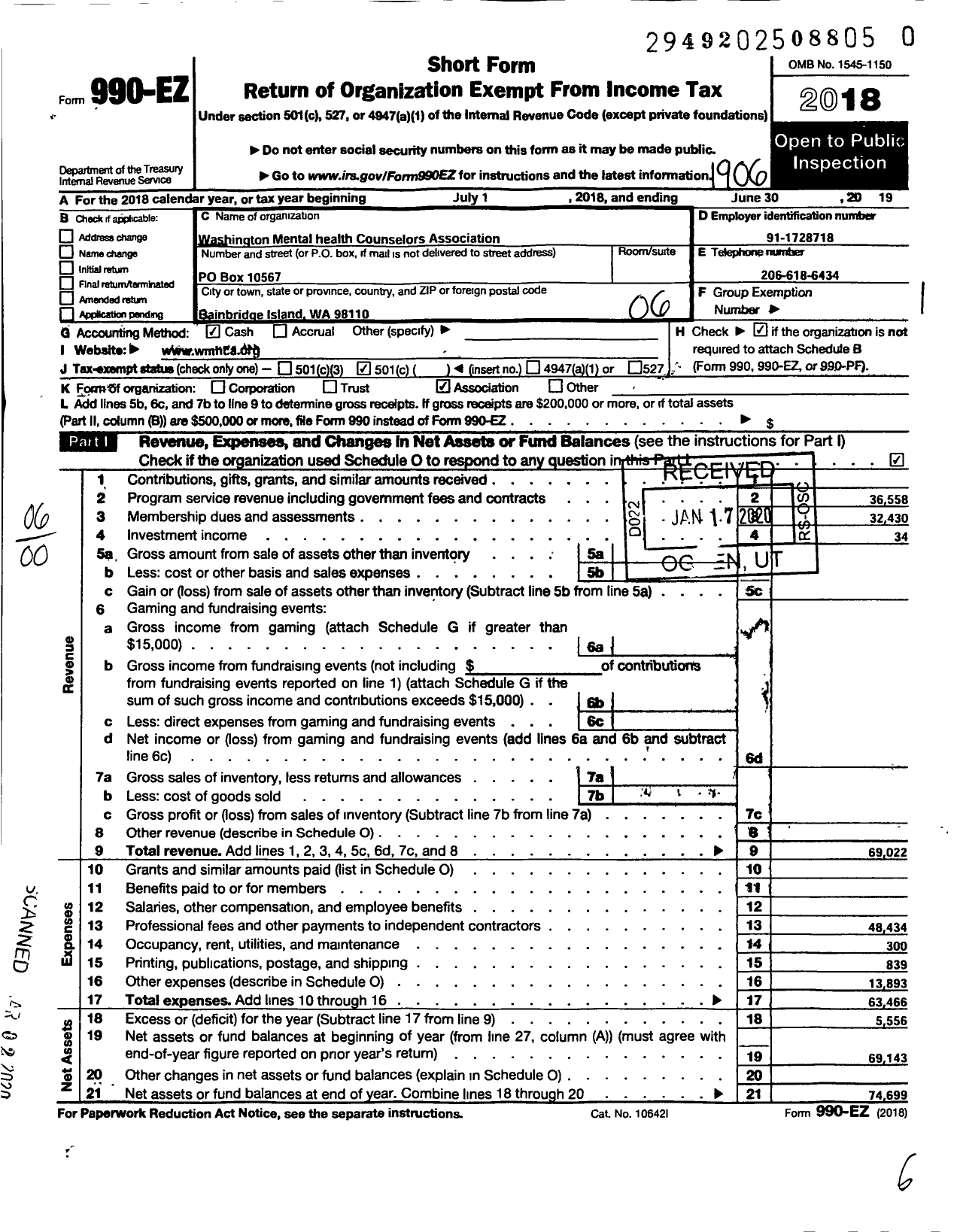 Image of first page of 2018 Form 990EO for Washington Mental Health Counselors Association