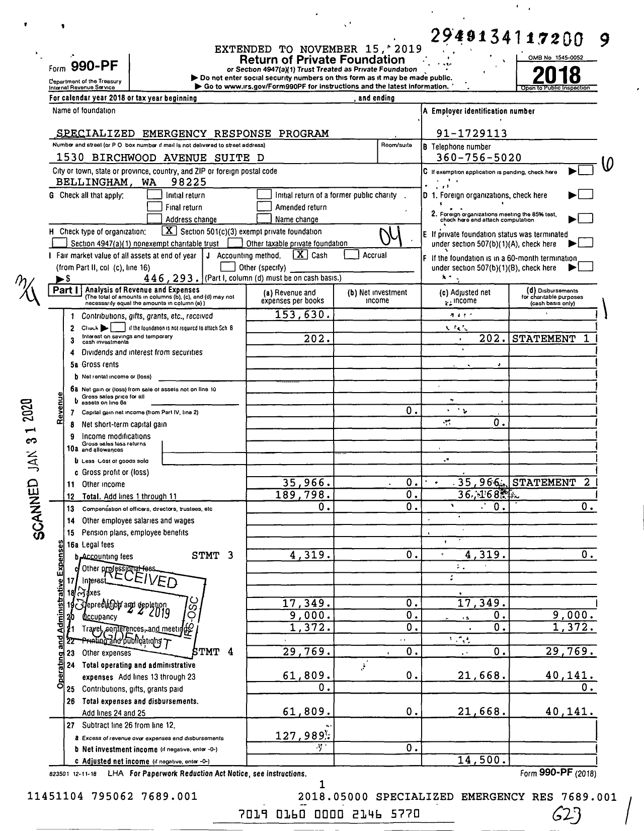 Image of first page of 2018 Form 990PF for Specialized Emergency Response Program
