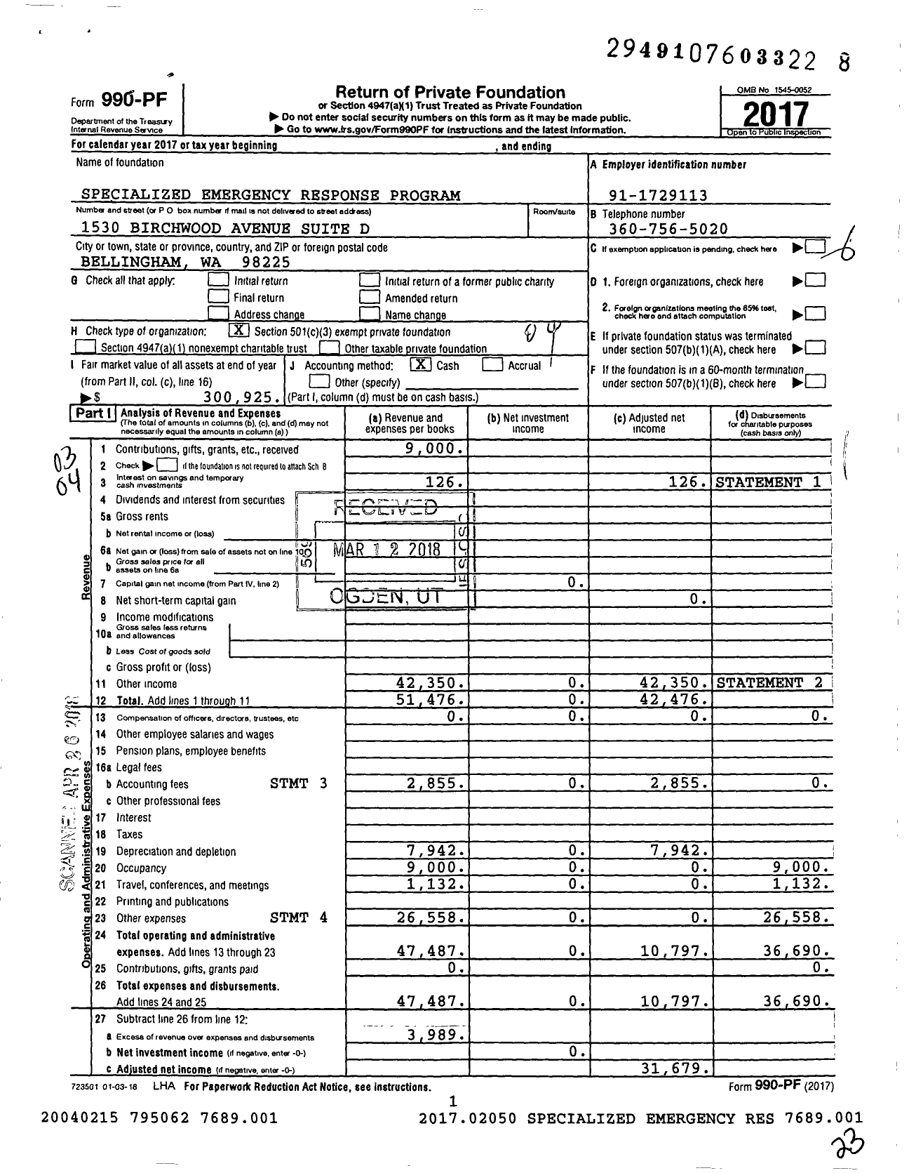 Image of first page of 2017 Form 990PF for Specialized Emergency Response Program