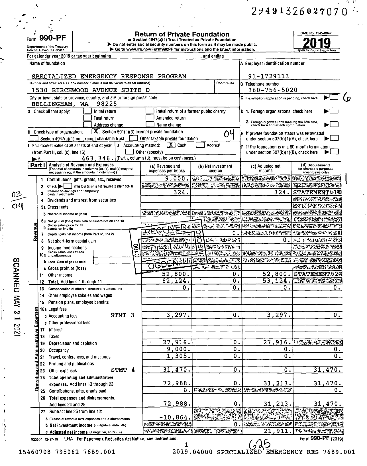 Image of first page of 2019 Form 990PF for Specialized Emergency Response Program