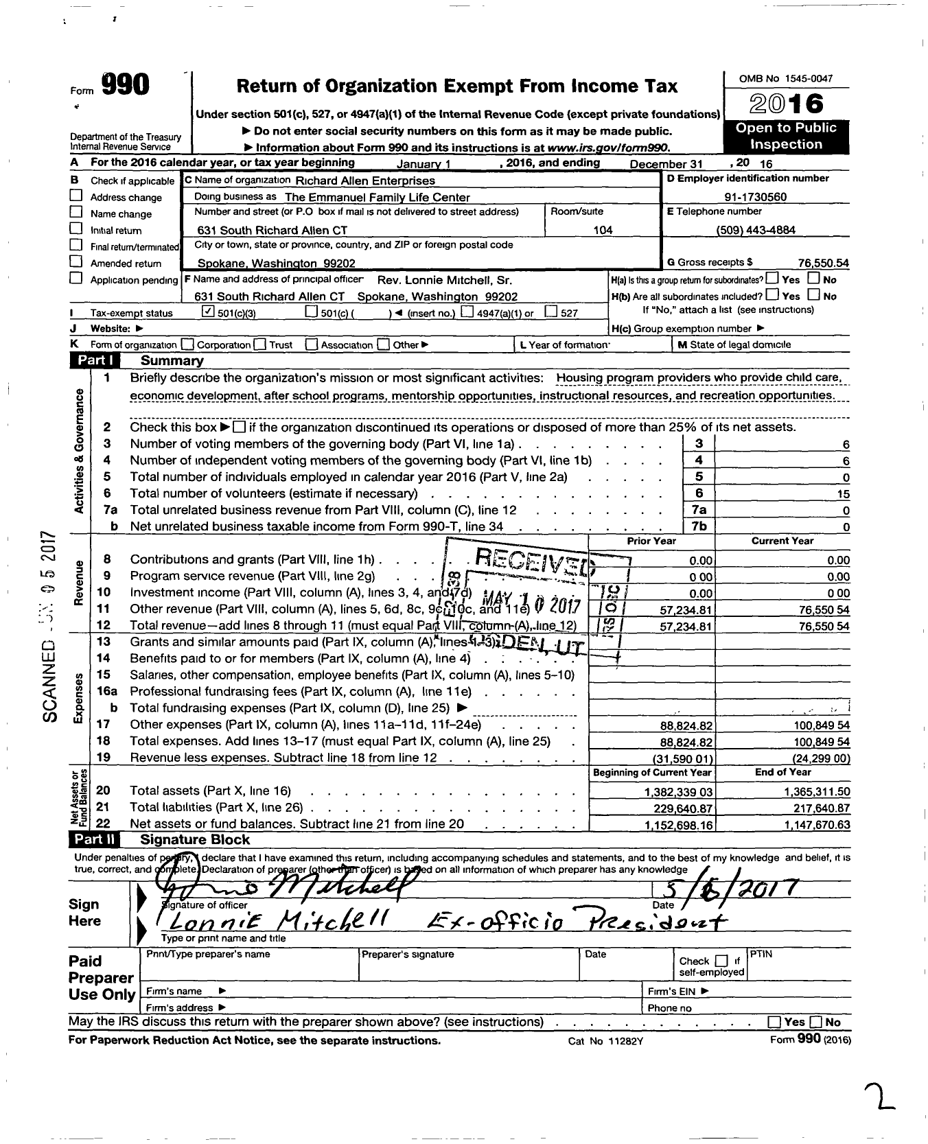 Image of first page of 2016 Form 990 for Richard Allen Enterprises