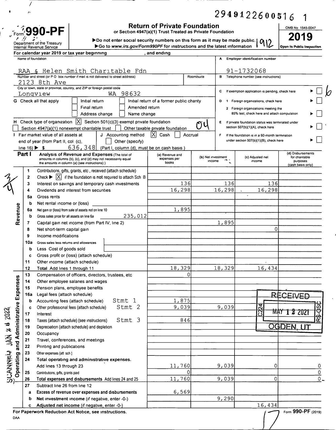 Image of first page of 2019 Form 990PF for RAA and Helen Smith Charitable Foundation