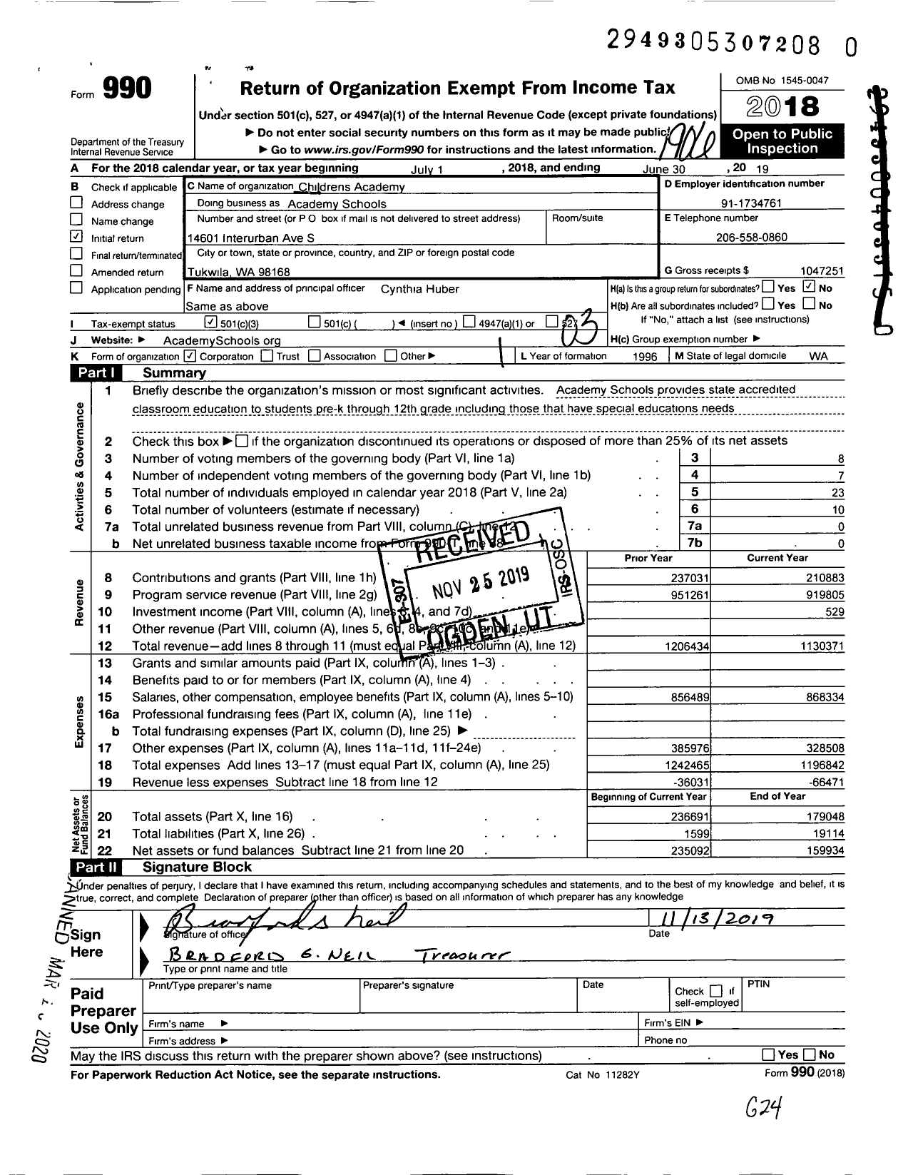 Image of first page of 2018 Form 990 for Academy Schools
