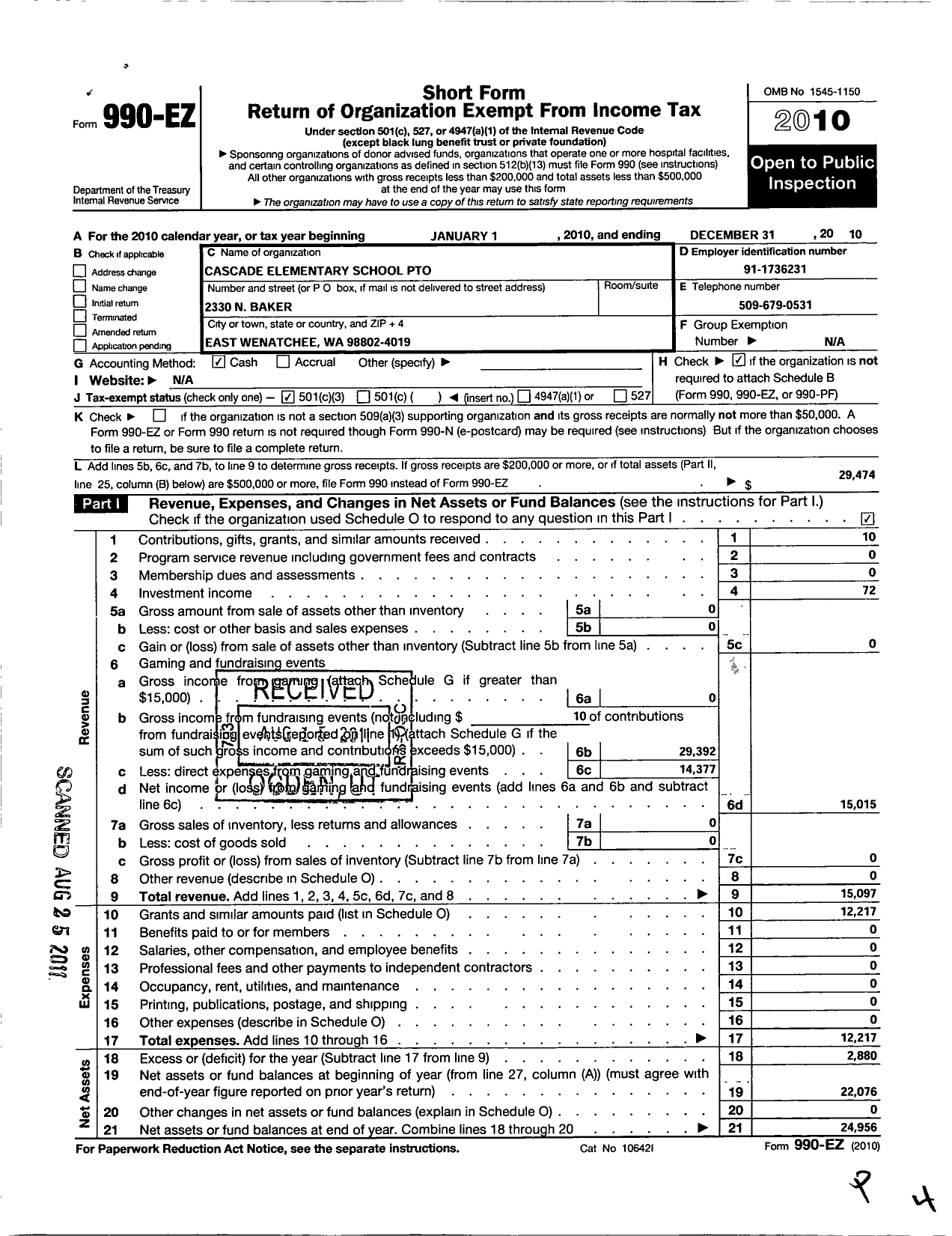 Image of first page of 2010 Form 990EZ for Cascade School Pto