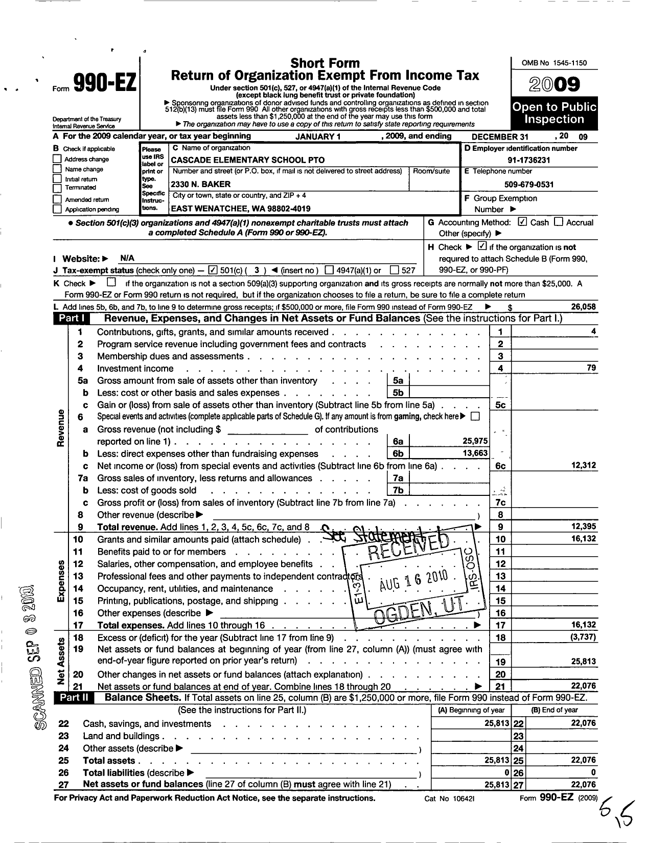 Image of first page of 2009 Form 990EZ for Cascade School Pto