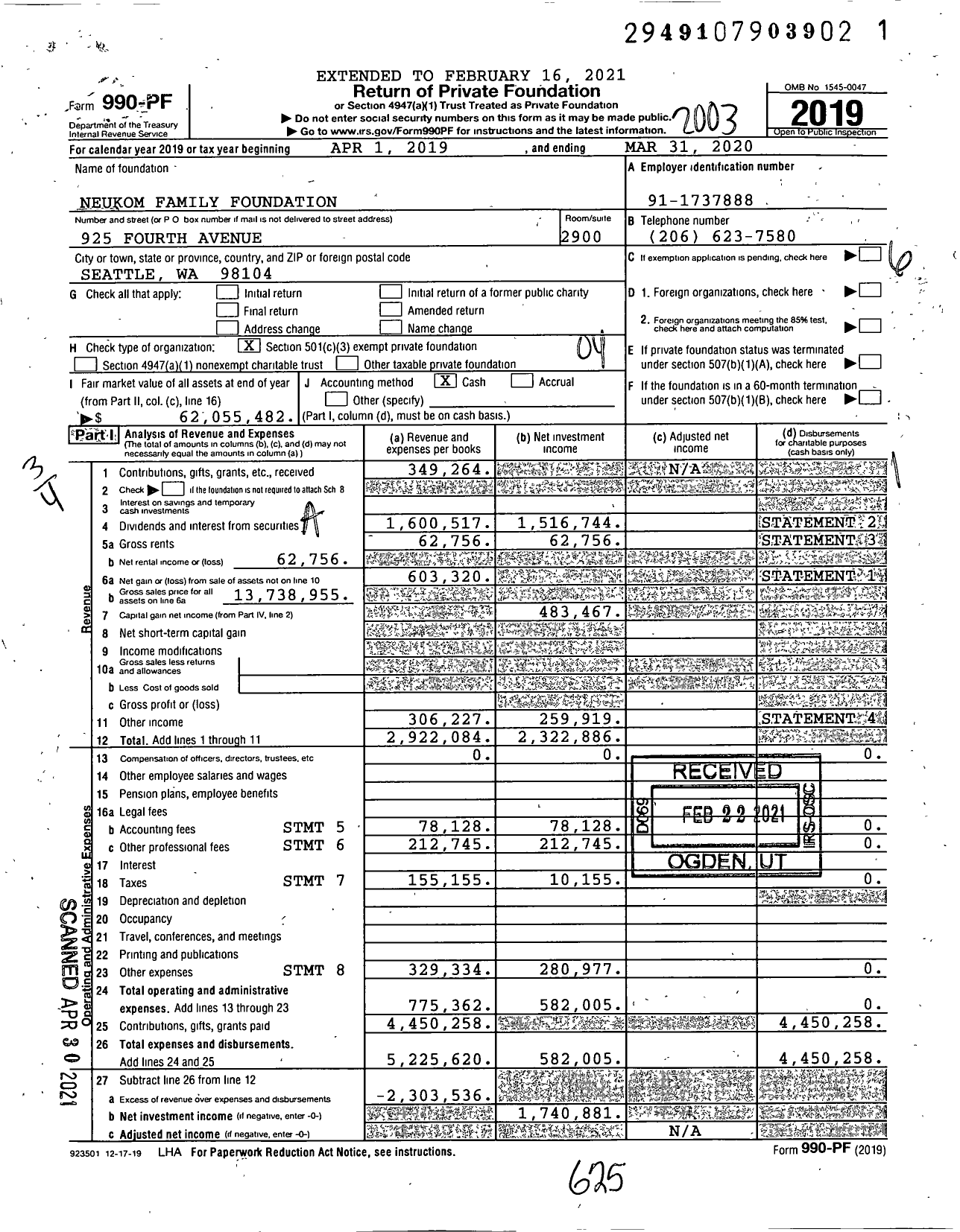 Image of first page of 2019 Form 990PF for Neukom Family Foundation