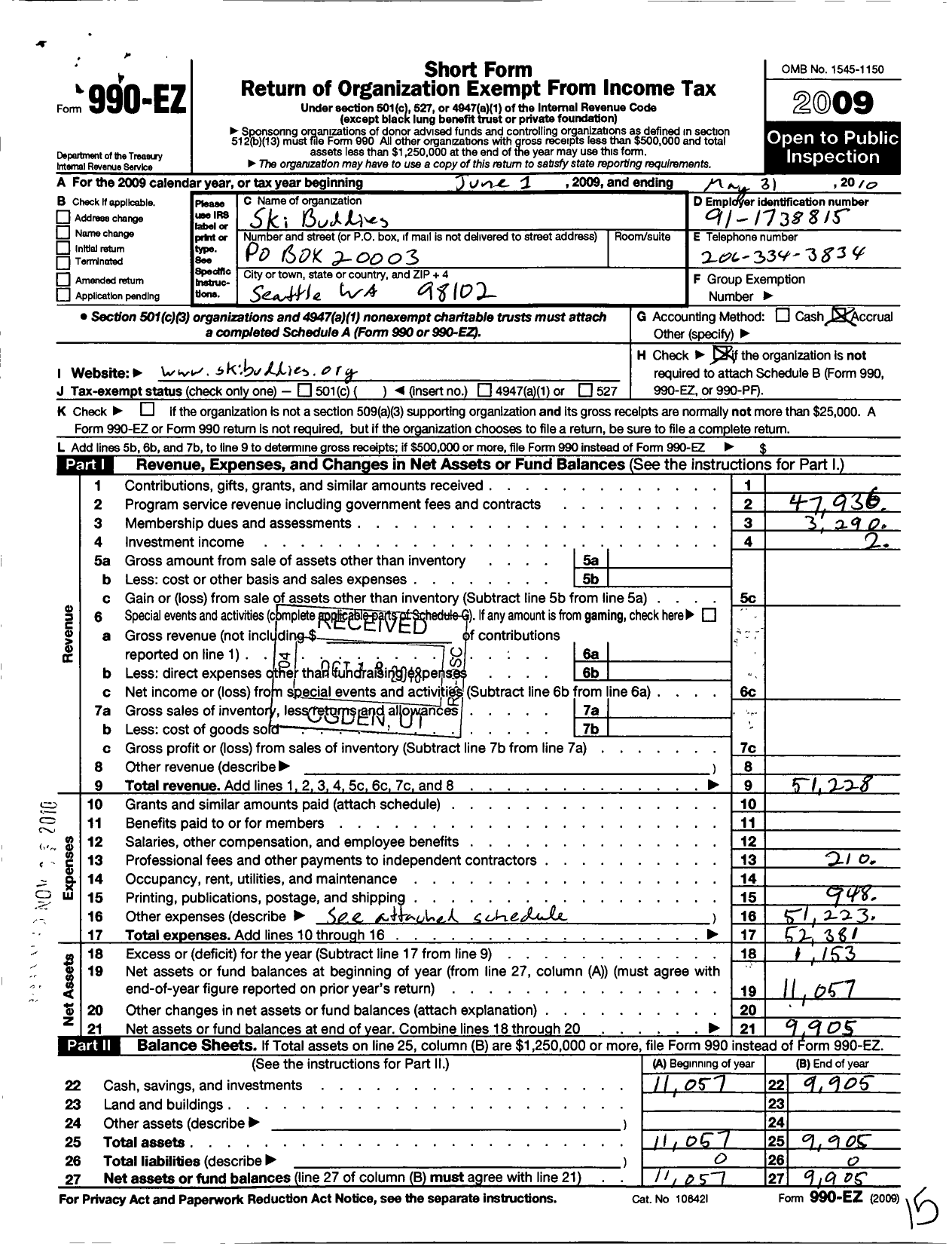 Image of first page of 2009 Form 990EO for Ski Buddies